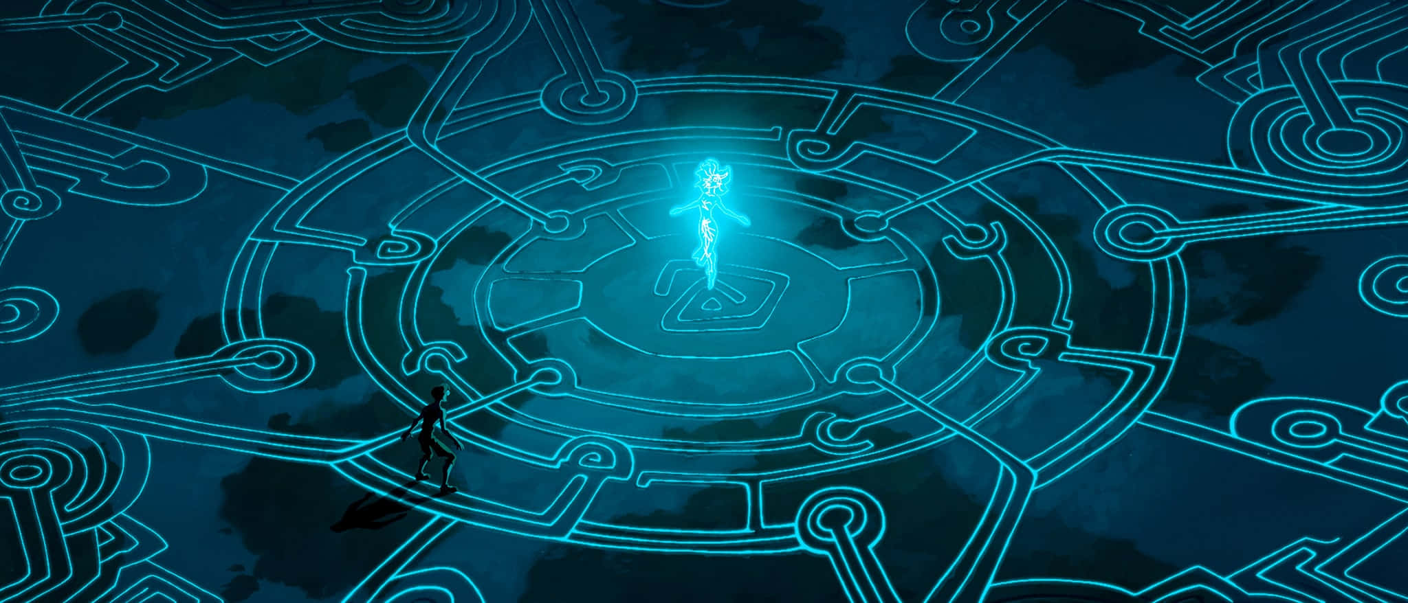 Atlantis the Lost Empire, glowing blue holographic figure, complex circuit-like maze, Full HD Desktop Wallpaper