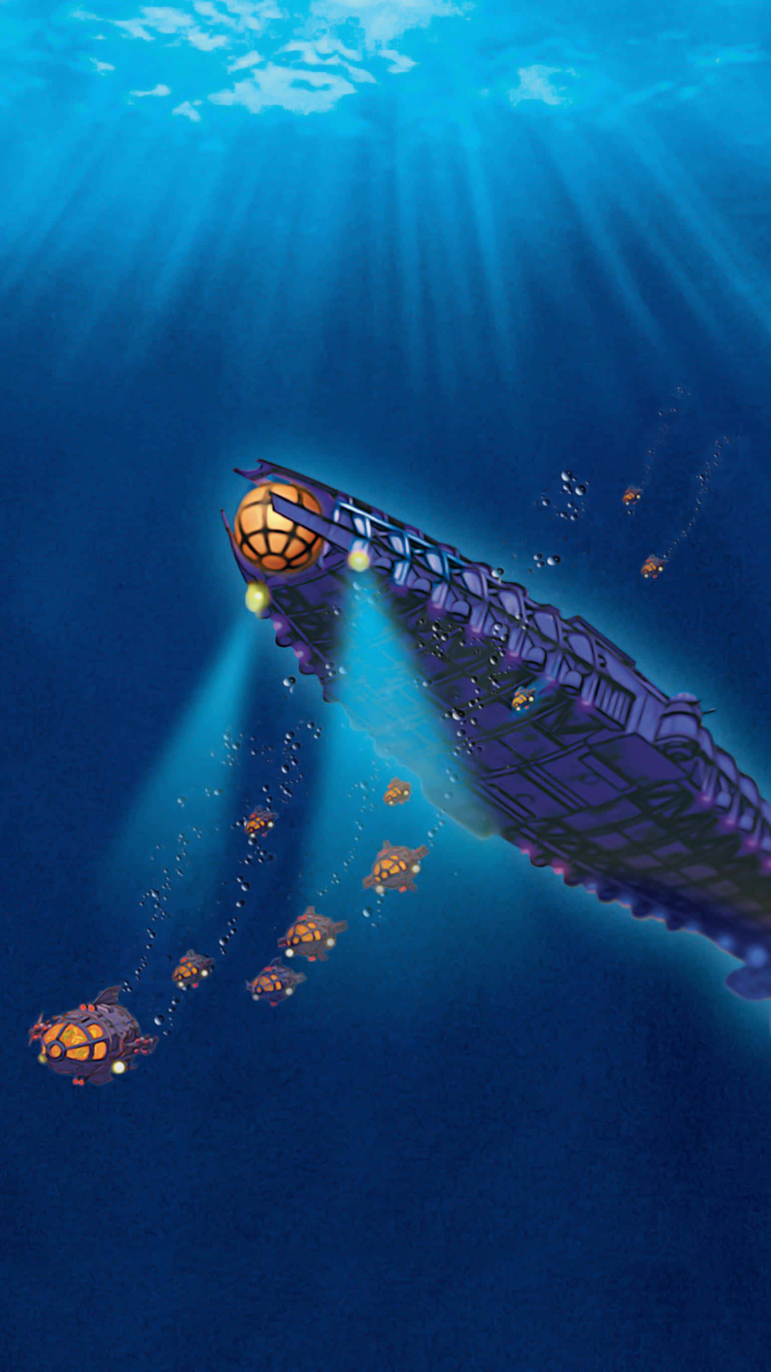 Atlantis the lost empire, submarine, glowing orange lights, 2K Phone Wallpaper