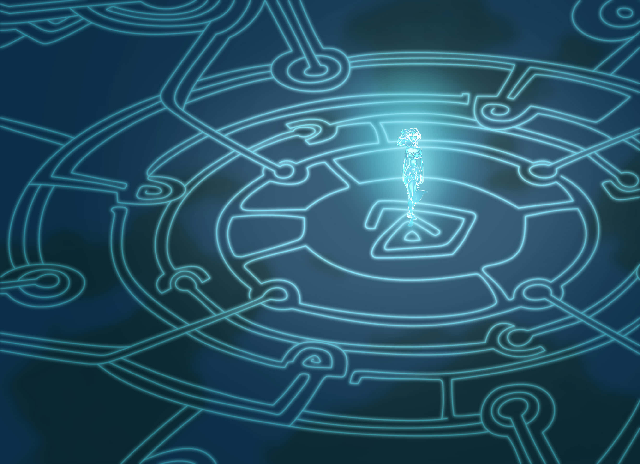 Atlantis the lost empire, glowing humanoid figure, blue neon circuit pattern, 2K Desktop Wallpaper