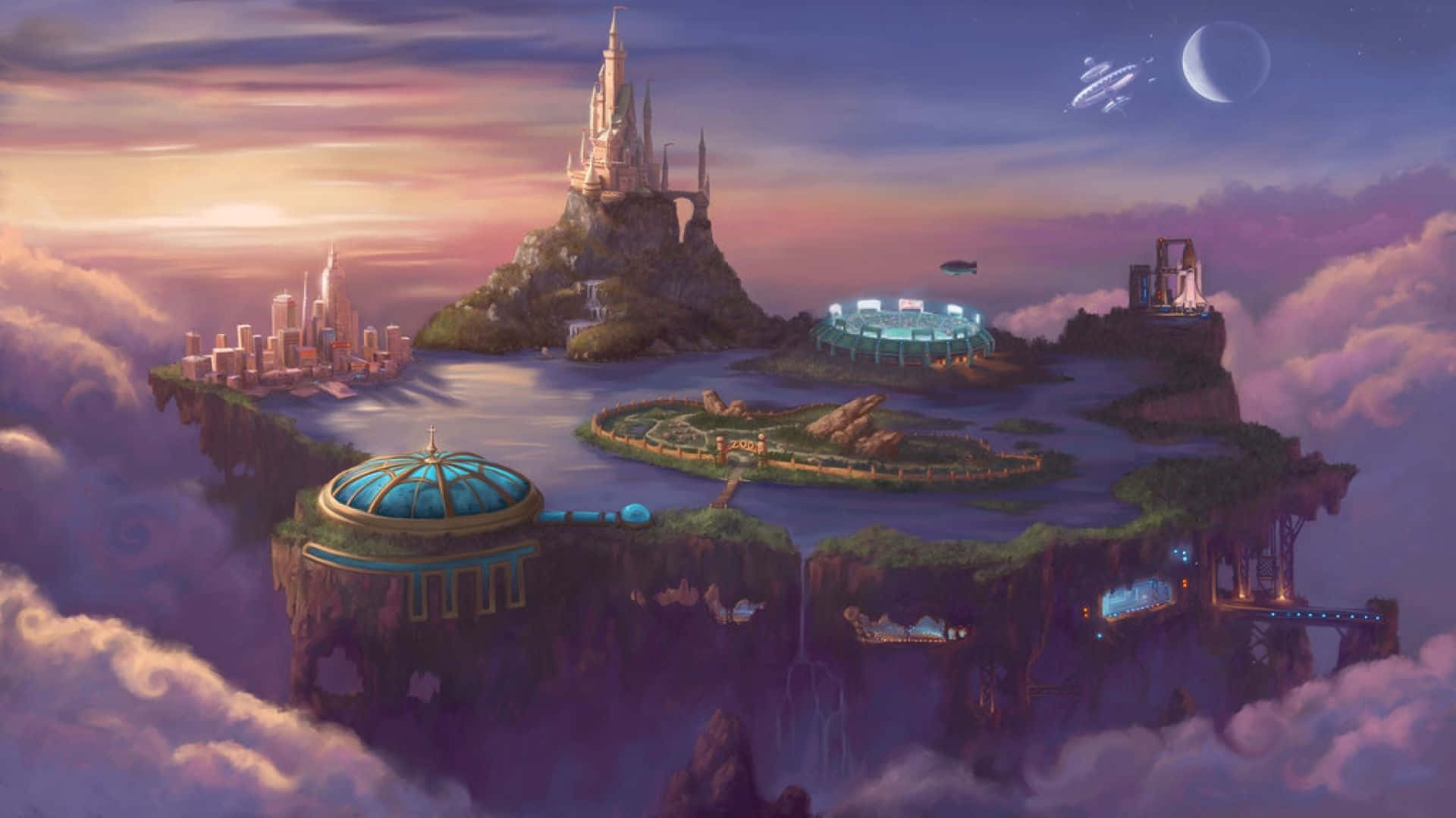 Atlantis the lost empire, floating island, sunset, Full HD Desktop Wallpaper