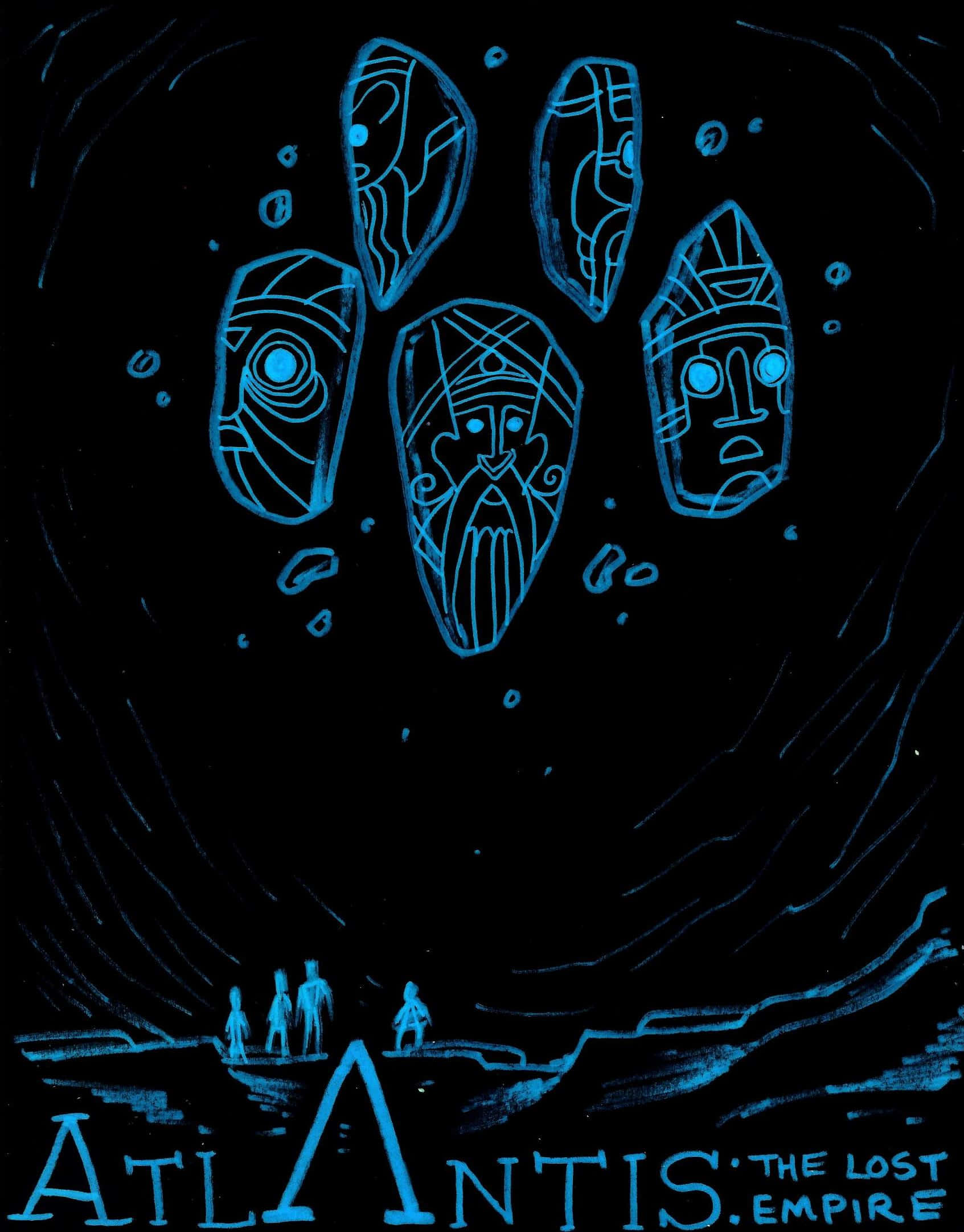 Atlantis the lost empire, glowing blue Atlantean masks, tiny figures, Full HD Phone Wallpaper