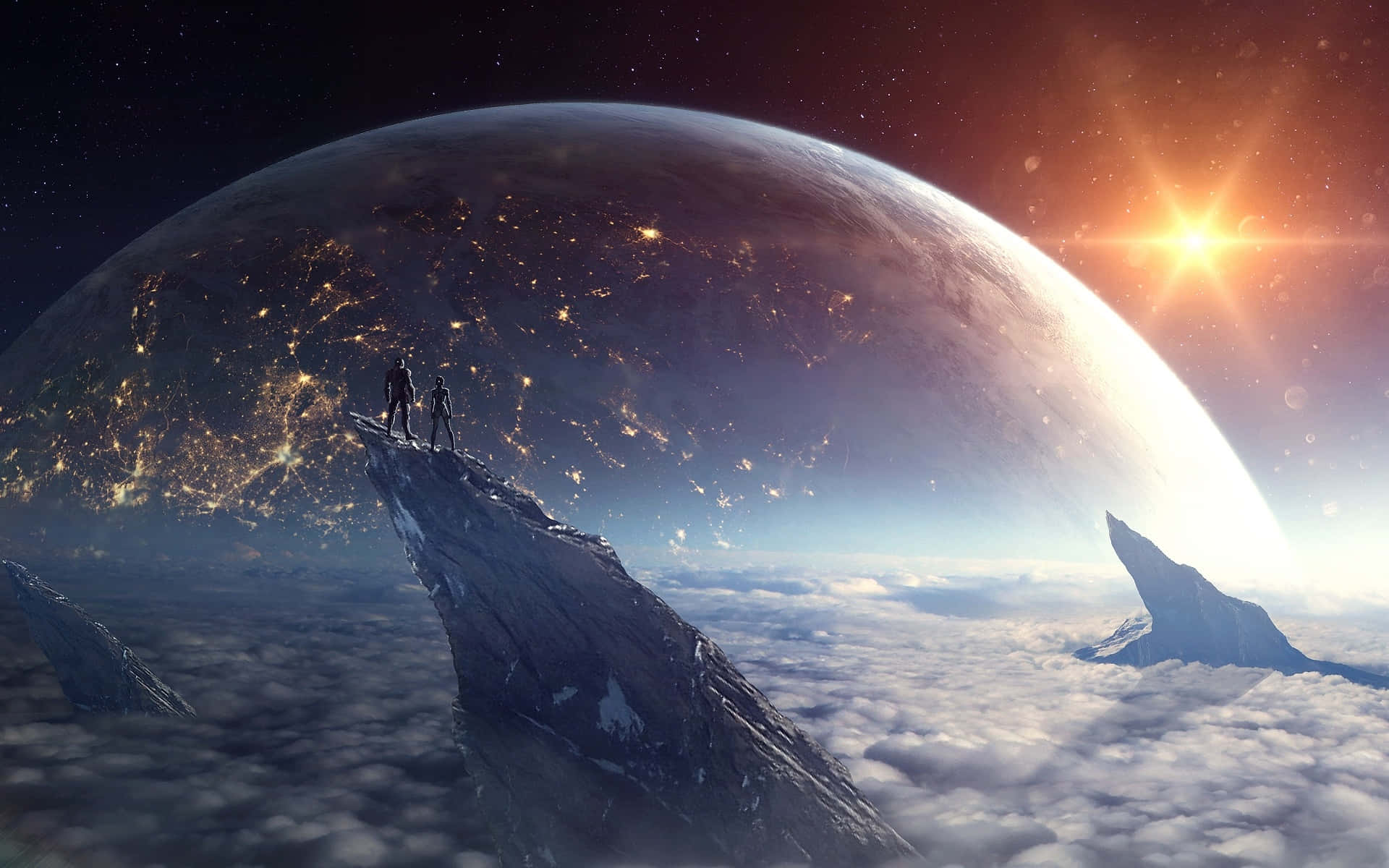Atmosphere, jagged cliff, glowing planet, Full HD Desktop Wallpaper