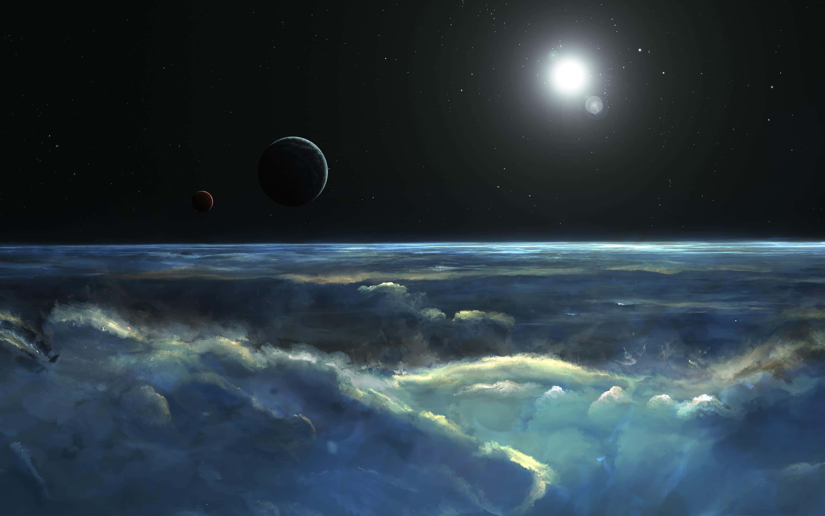 swirling blue and green clouds, starry sky, two planets, 2K Desktop Wallpaper