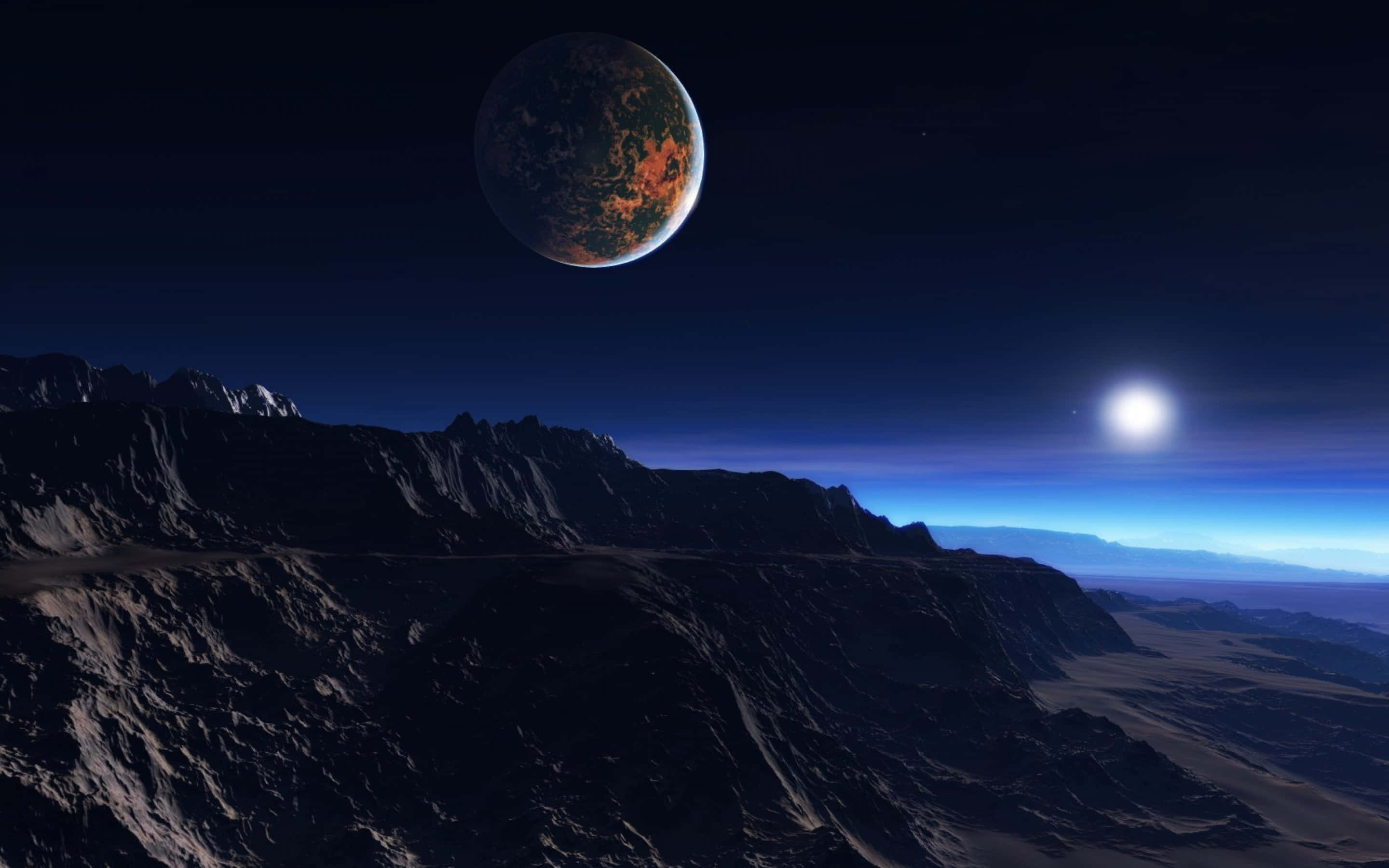 Atmospheric Serenity, rugged alien mountain range, dark sky, 2K Desktop Wallpaper