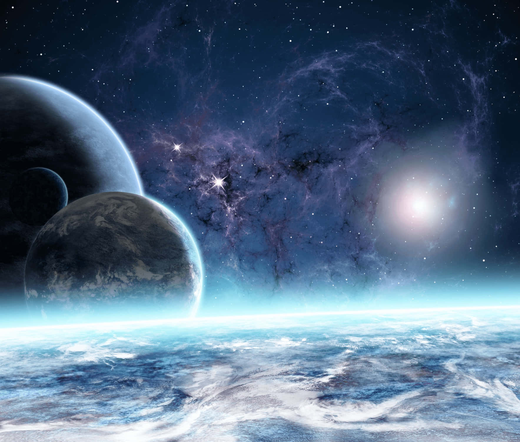 cosmic vista, two planets, bright star, HD Desktop Wallpaper