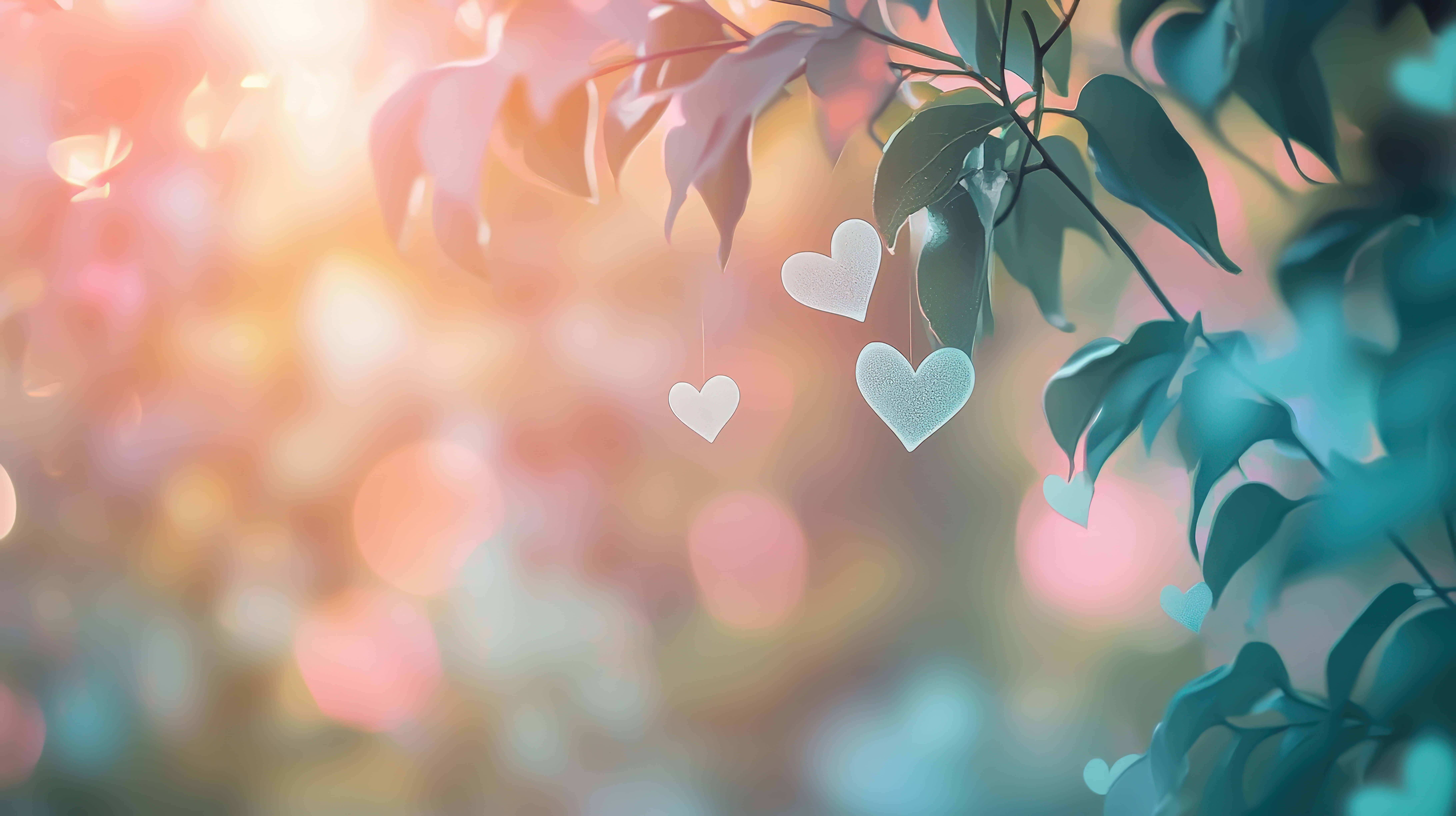 delicate white heart ornaments, lush green leaves, dreamy bokeh background, 8K Desktop Wallpaper