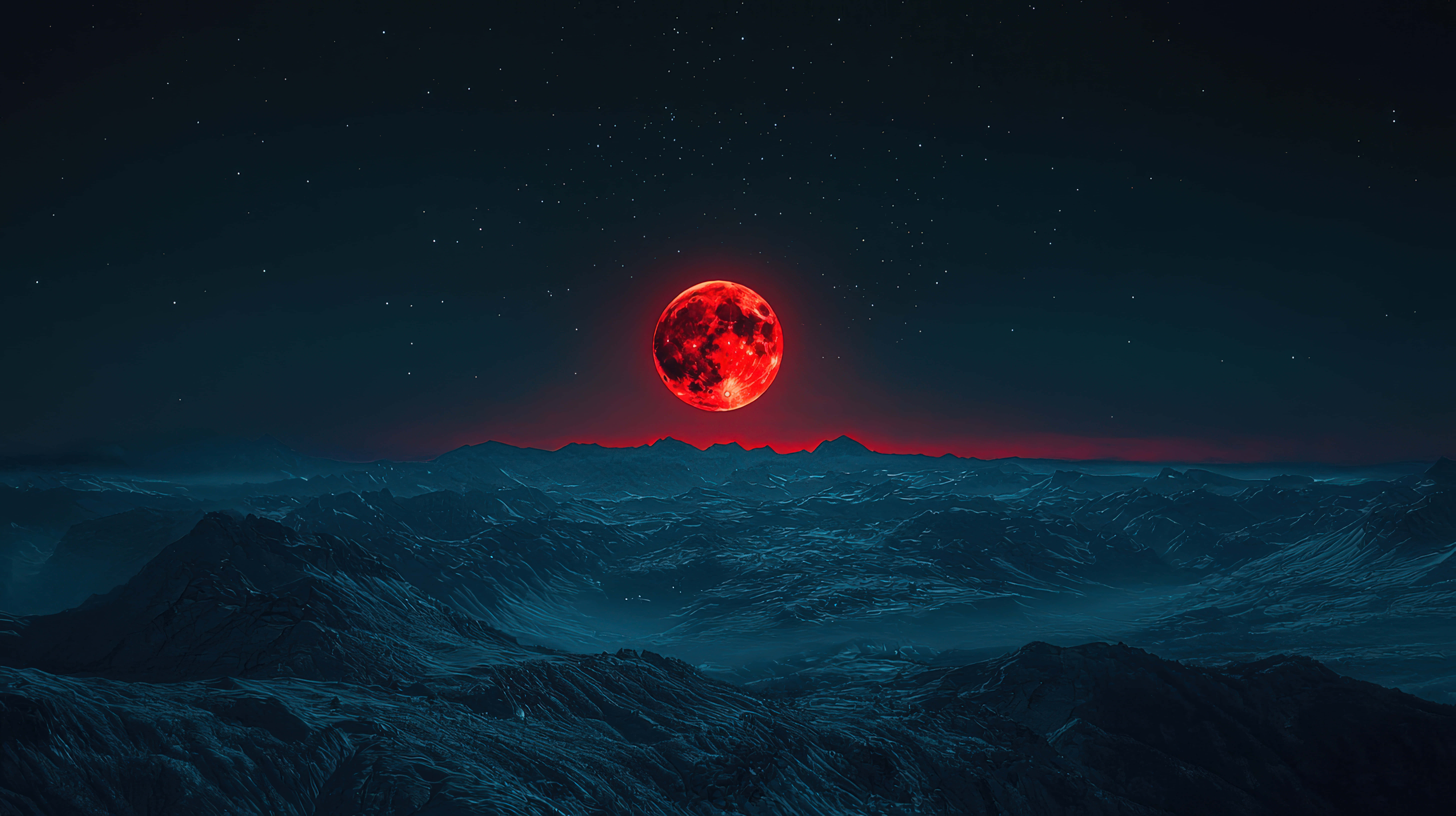 blood red moon, jagged snowcapped mountains, starry dark blue night sky, 8K Desktop Wallpaper