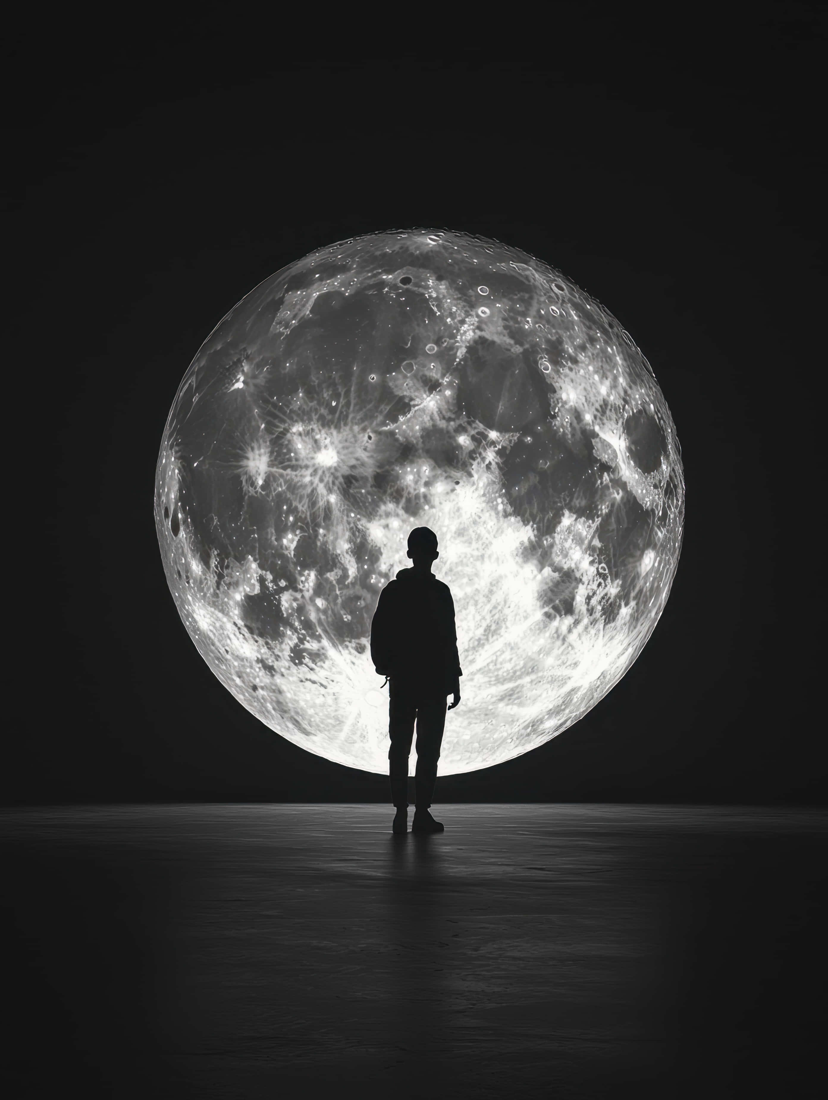glowing full moon, silhouette of a person, pitch black void, 2K Phone Wallpaper