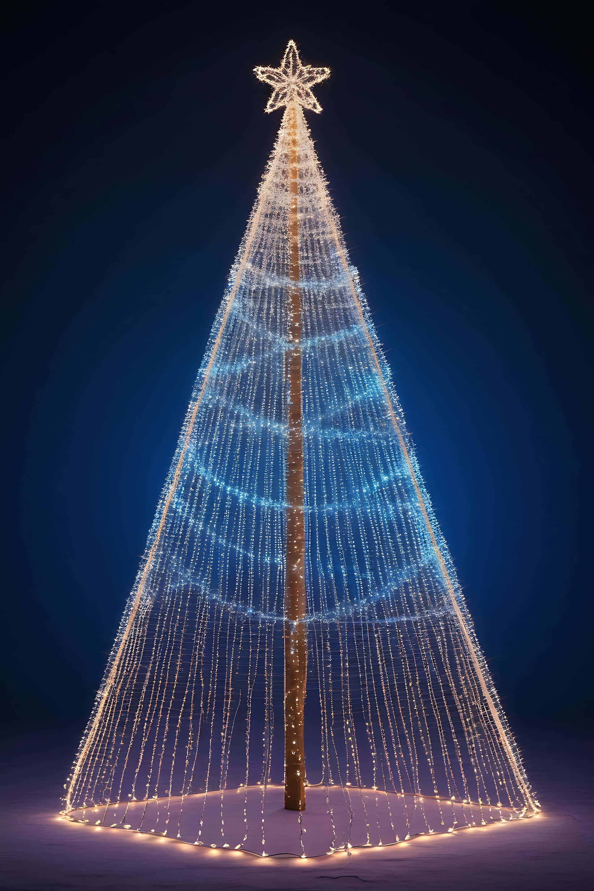 illuminated christmas tree, towering cone-shaped light sculpture, warm white and blue string lights, 2K Phone Wallpaper