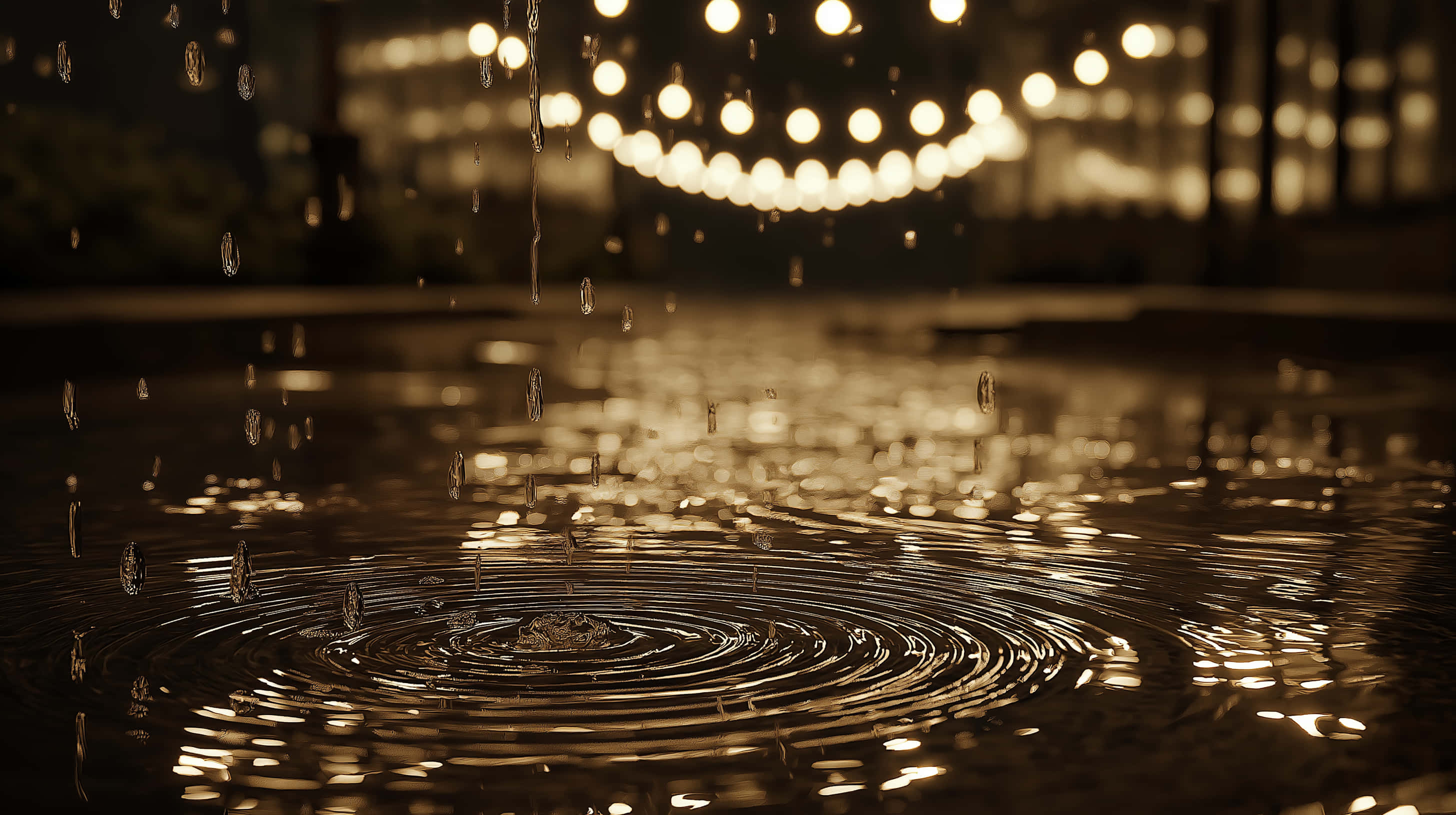 raindrops, wet pavement, warm golden string lights, 2K Desktop Wallpaper