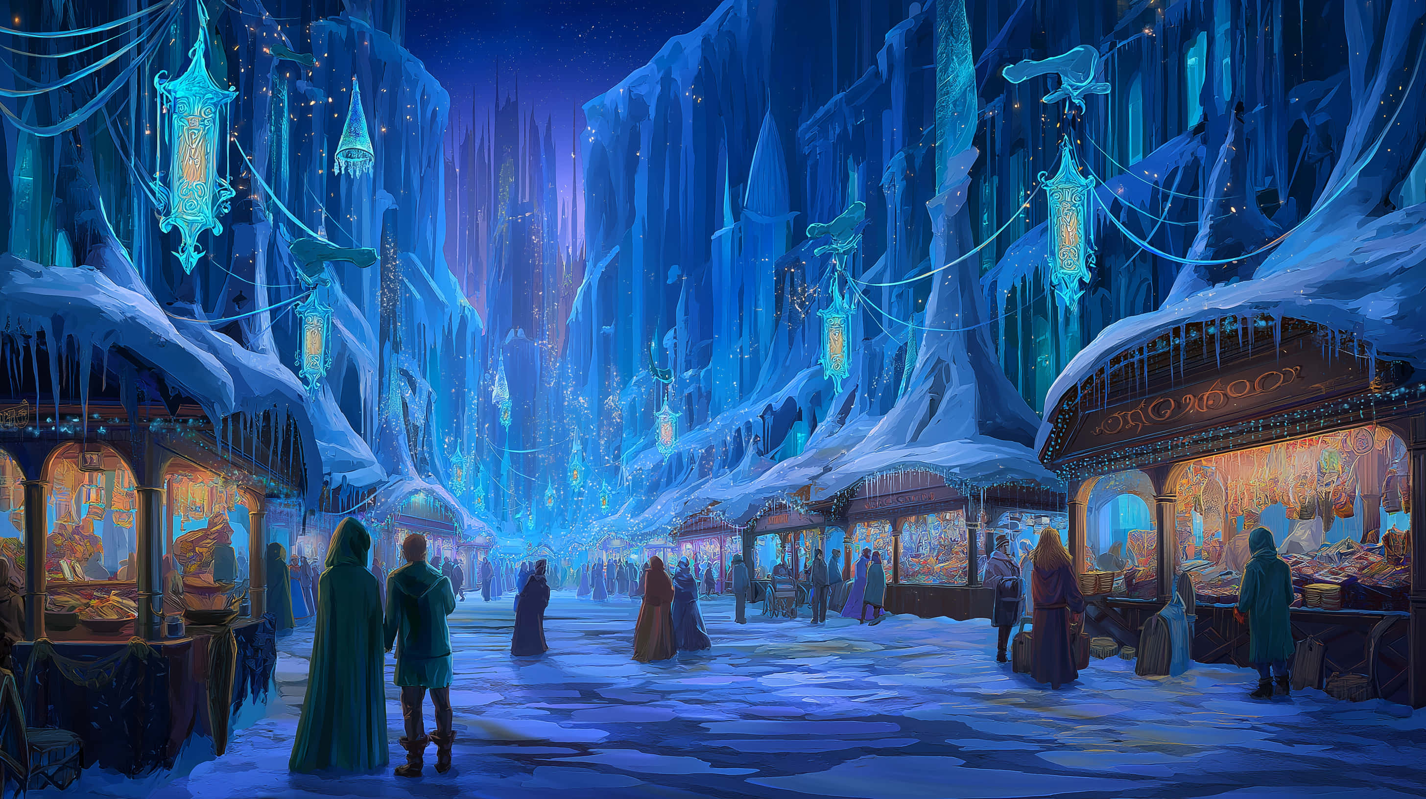 ice structures, blue hues, glowing blue ice spires, 2K Desktop Wallpaper