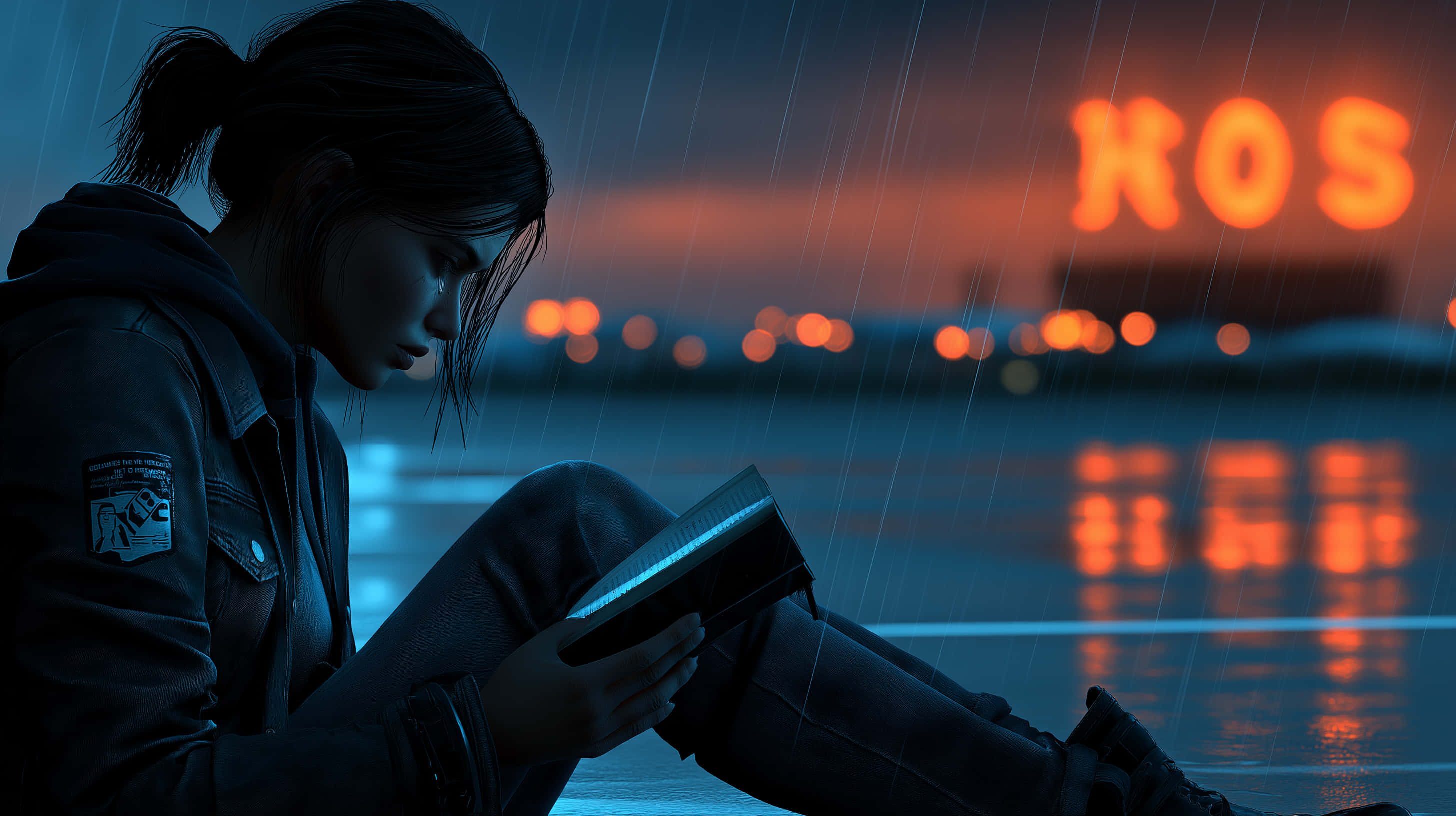 woman, glowing book, urban night rain scene, 2K Desktop Wallpaper