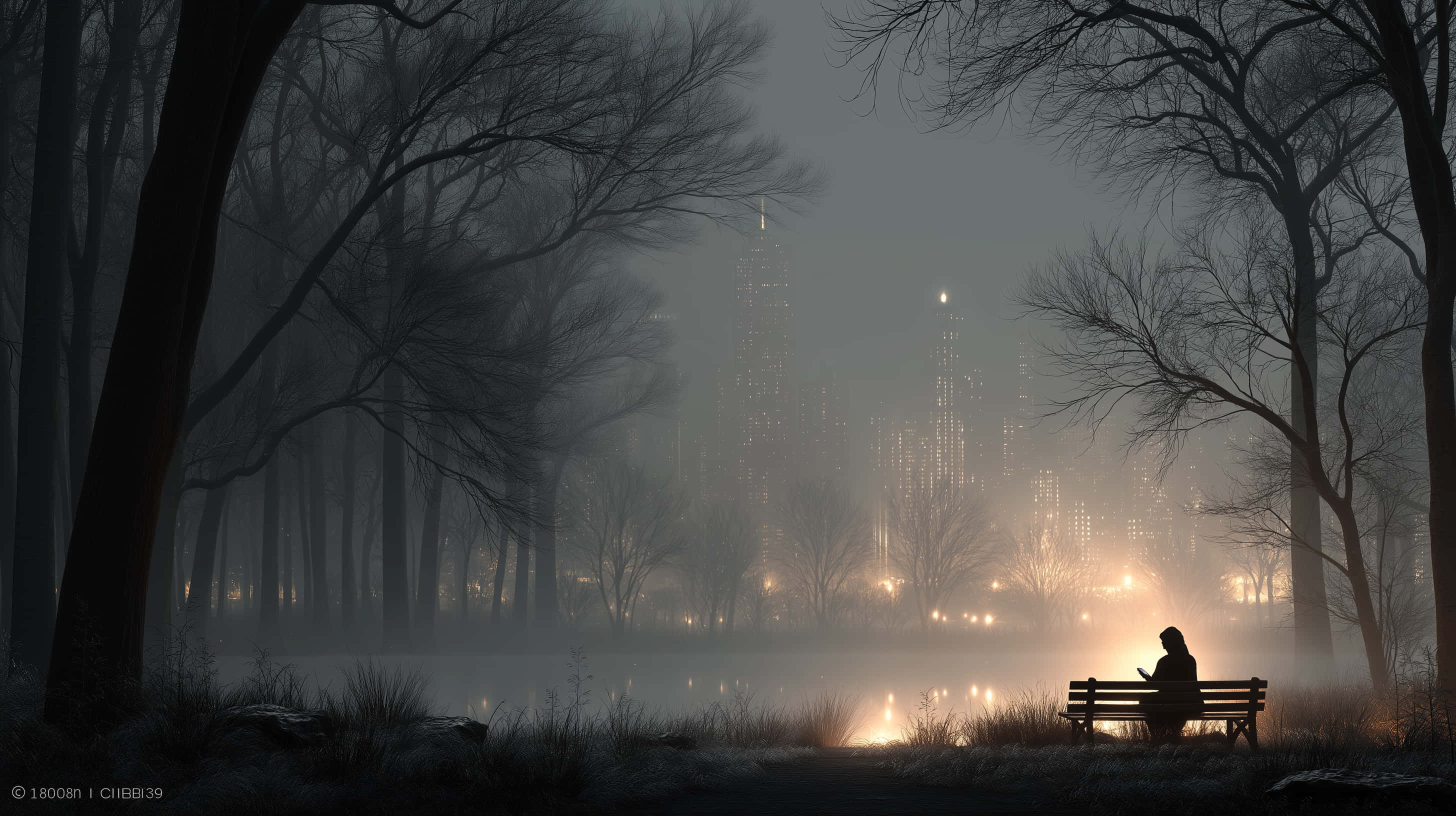 misty park, silhouette on bench, tranquil water, 2K Desktop Wallpaper