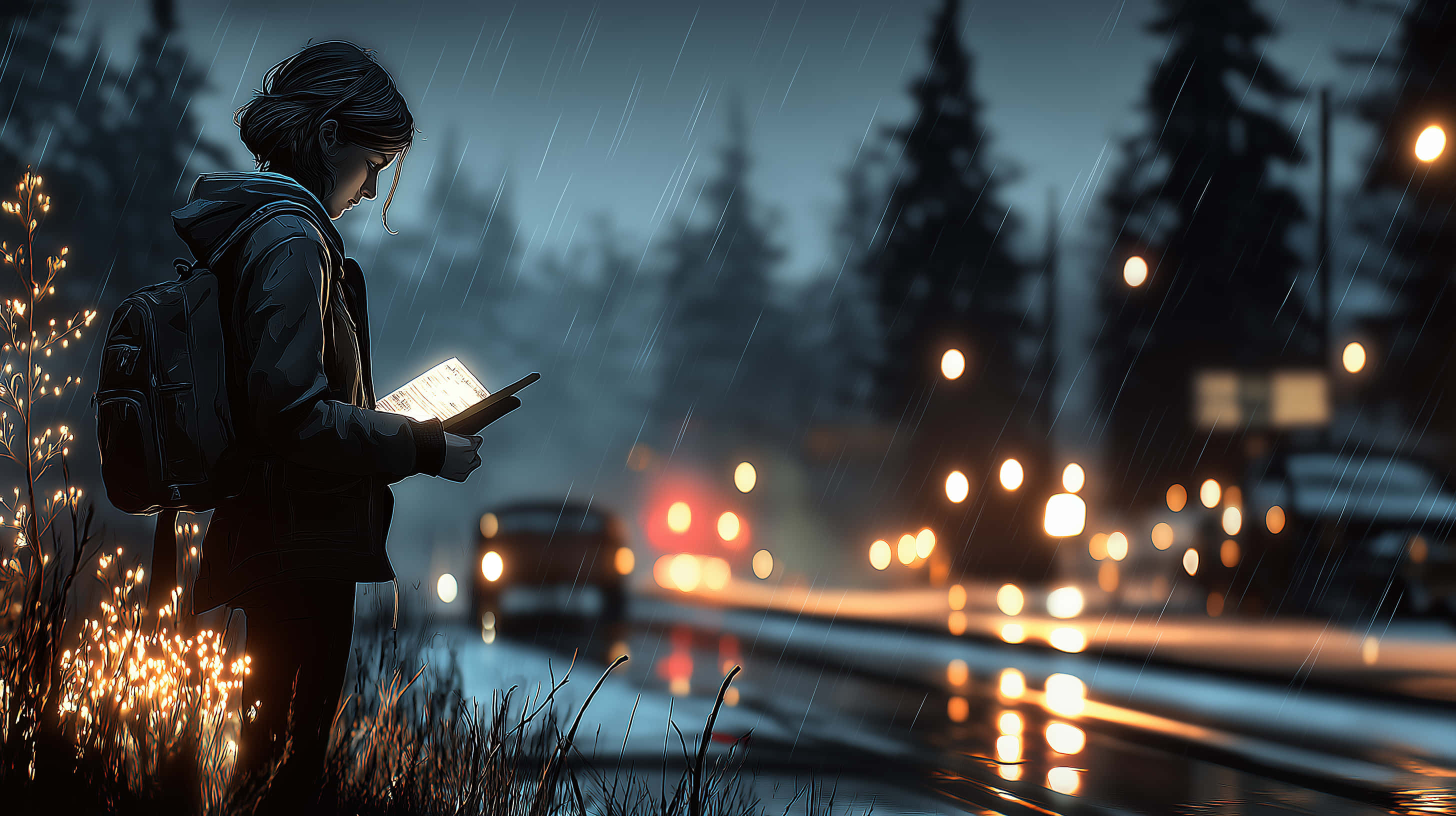 urban night, rain-soaked night, glowing book, 2K Desktop Wallpaper