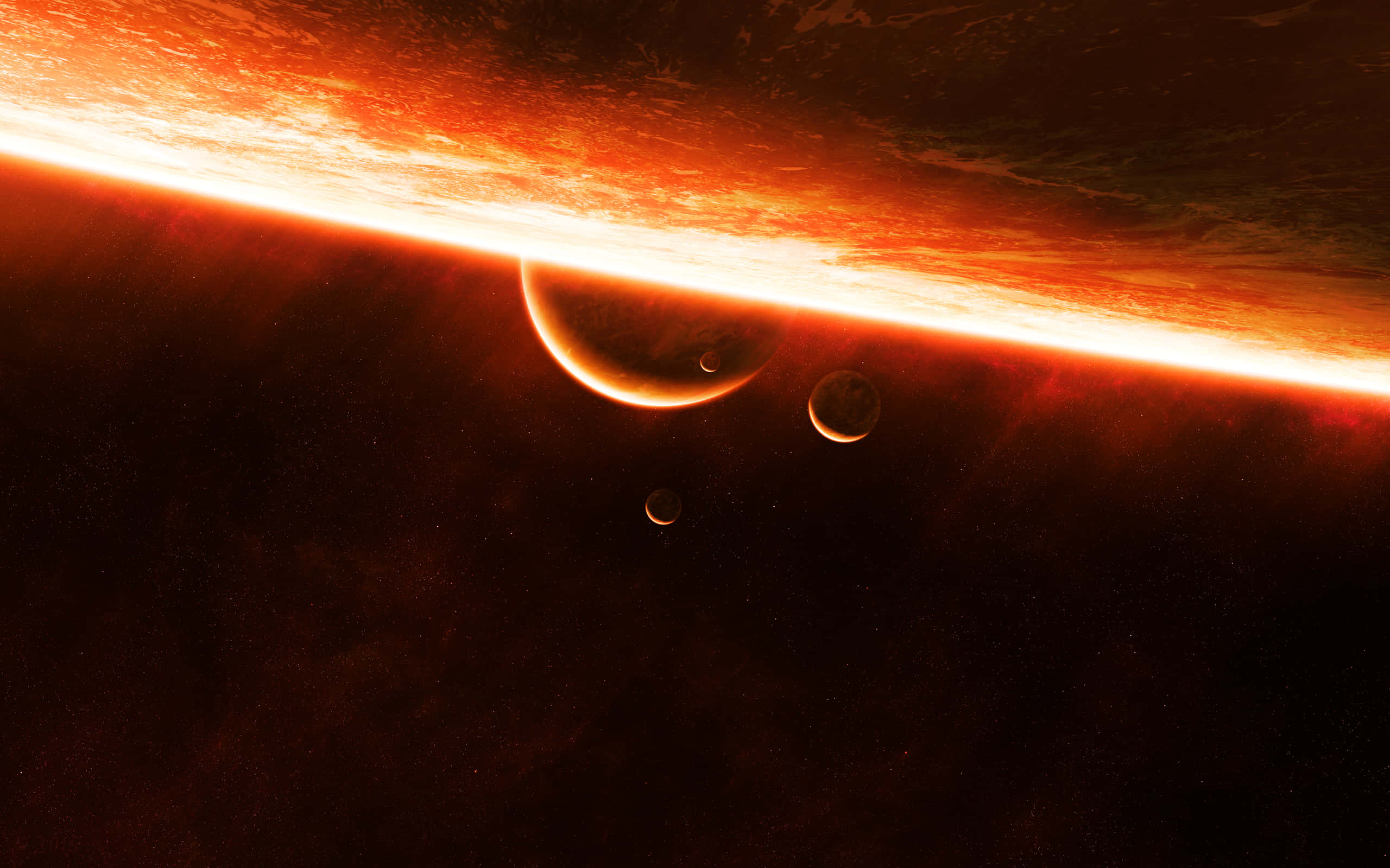 fiery orange sunset, cosmic horizon, three moons, 2K Desktop Wallpaper