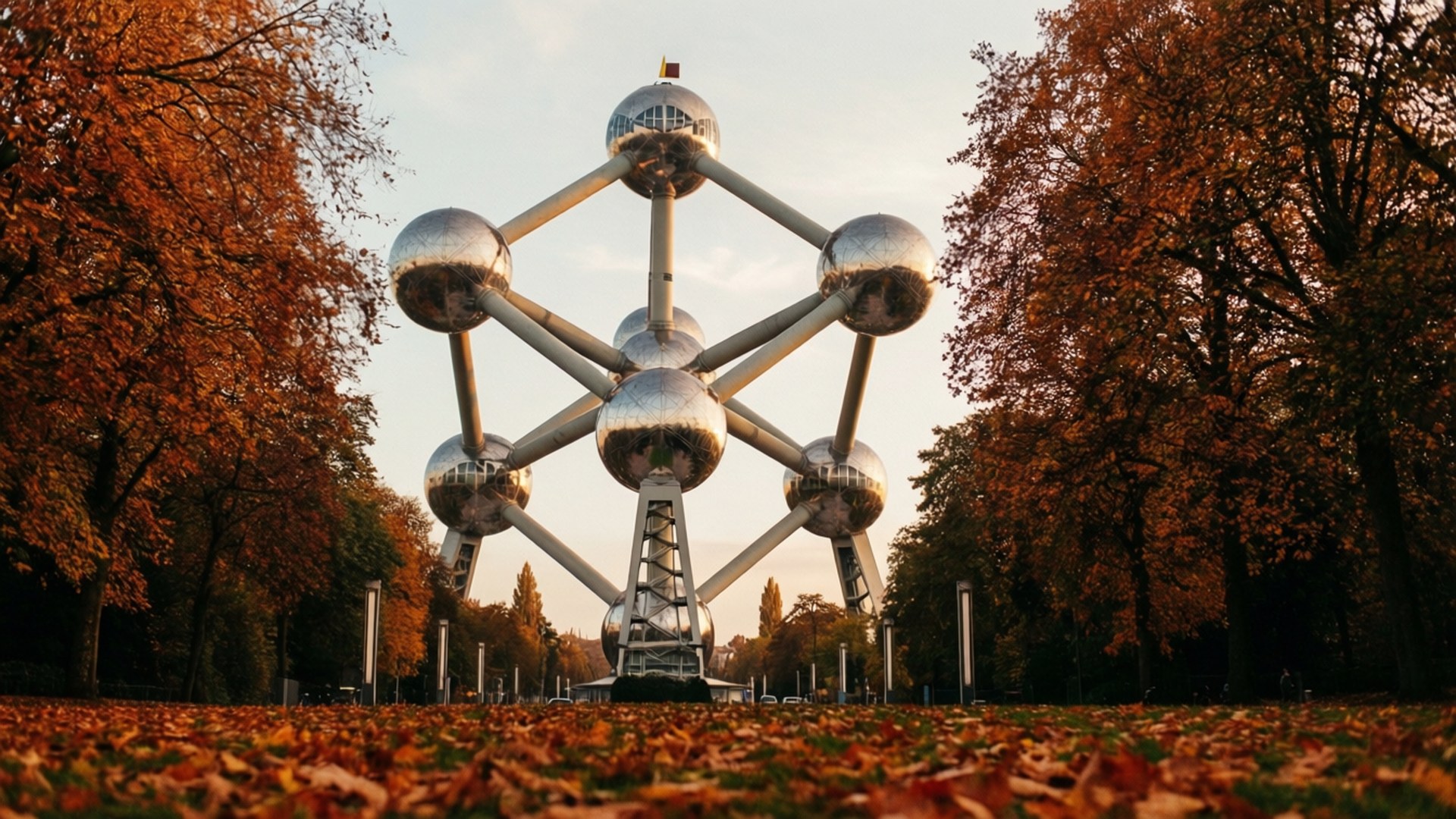 Atomium, autumn trees, golden leaves, Full HD Desktop Wallpaper