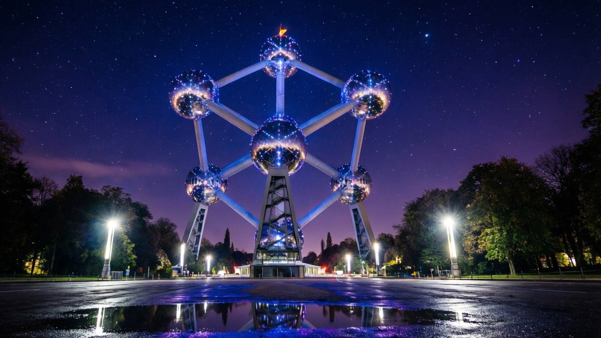 Neon Atomium Night, Atomium, blue lights, Full HD Desktop Wallpaper