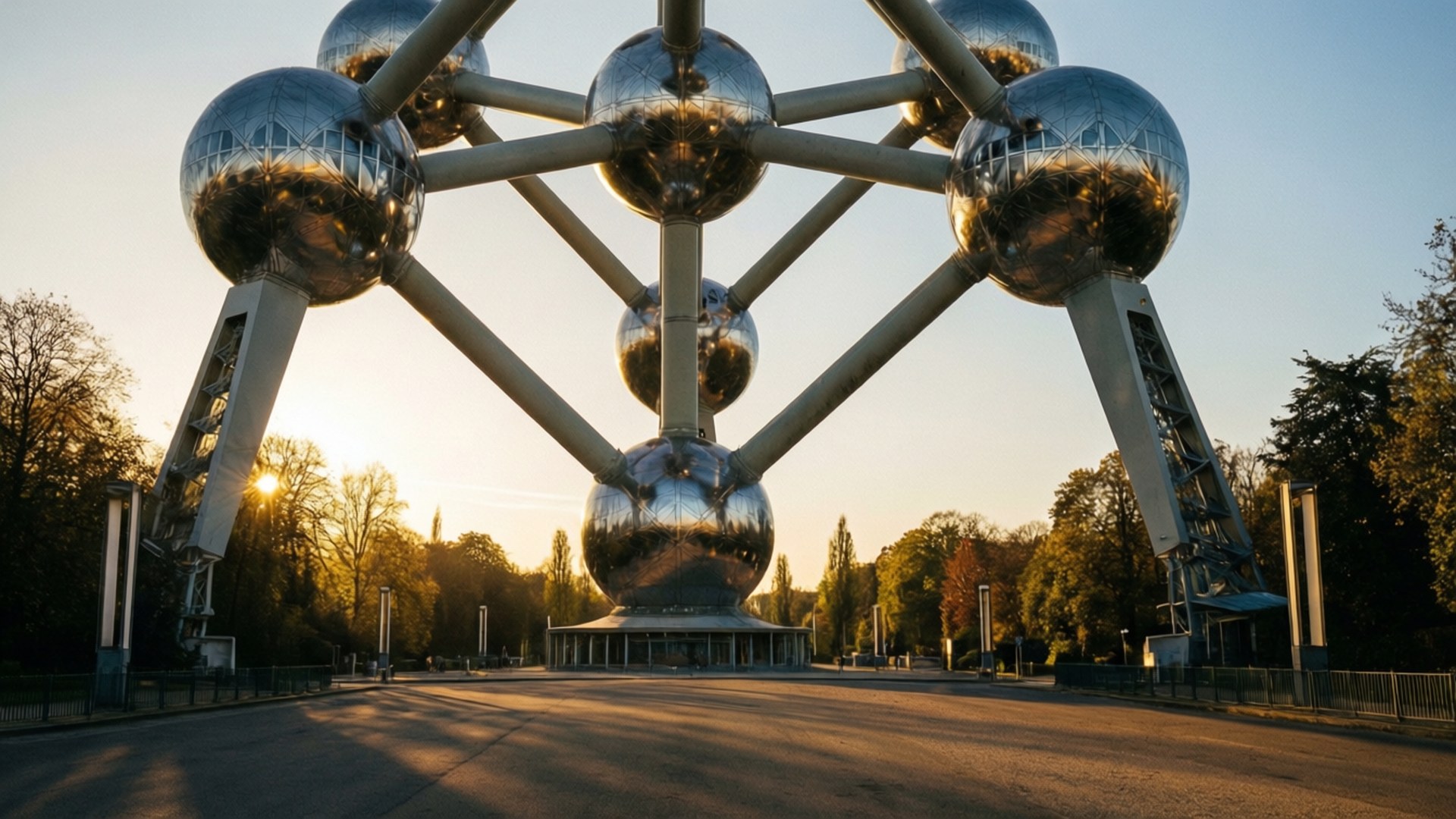 Atomium, golden sunset, autumn trees, Full HD Desktop Wallpaper