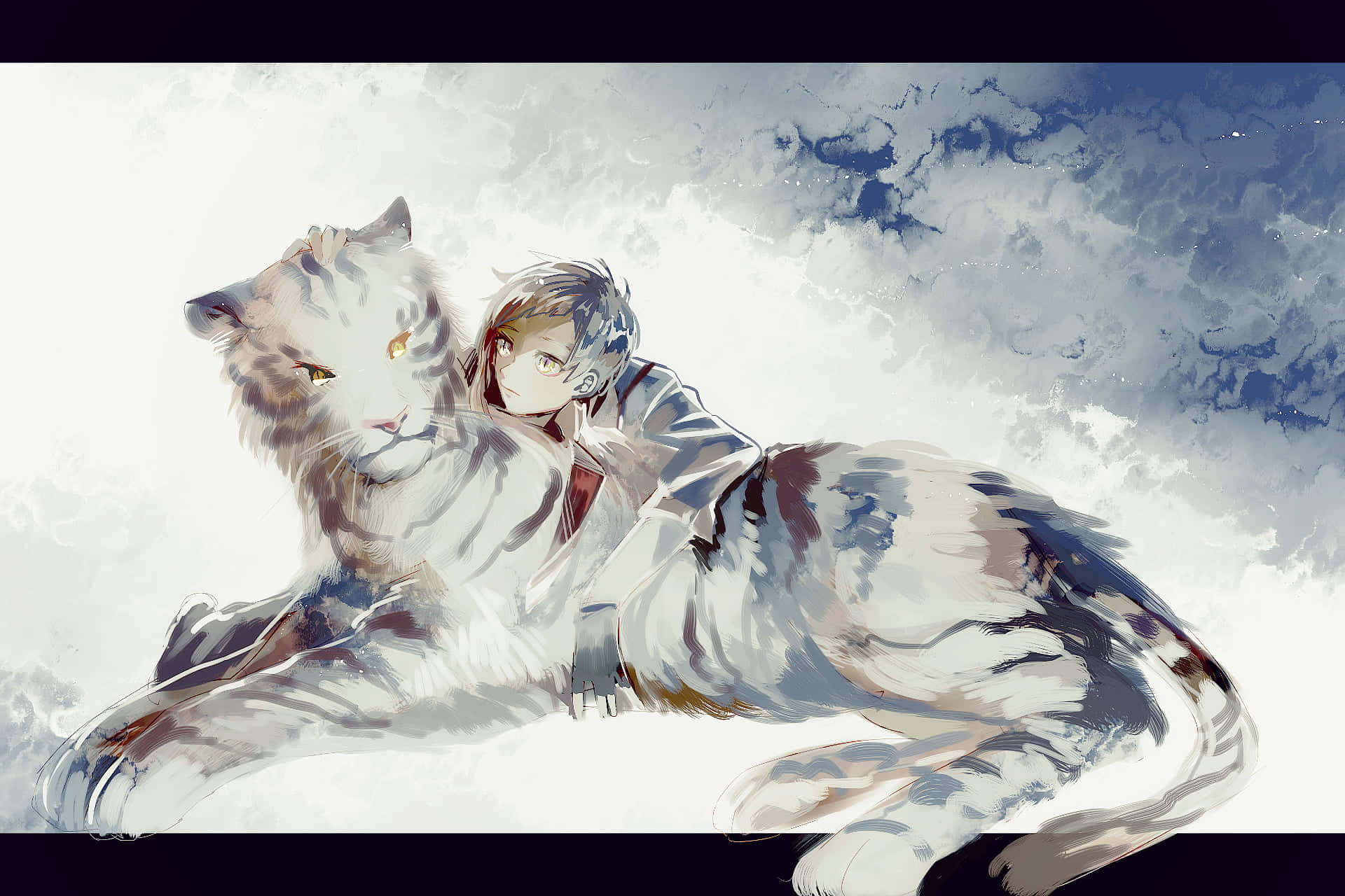 Atsushi Nakajima, white tiger, swirling blue and white sky, Full HD Desktop Wallpaper