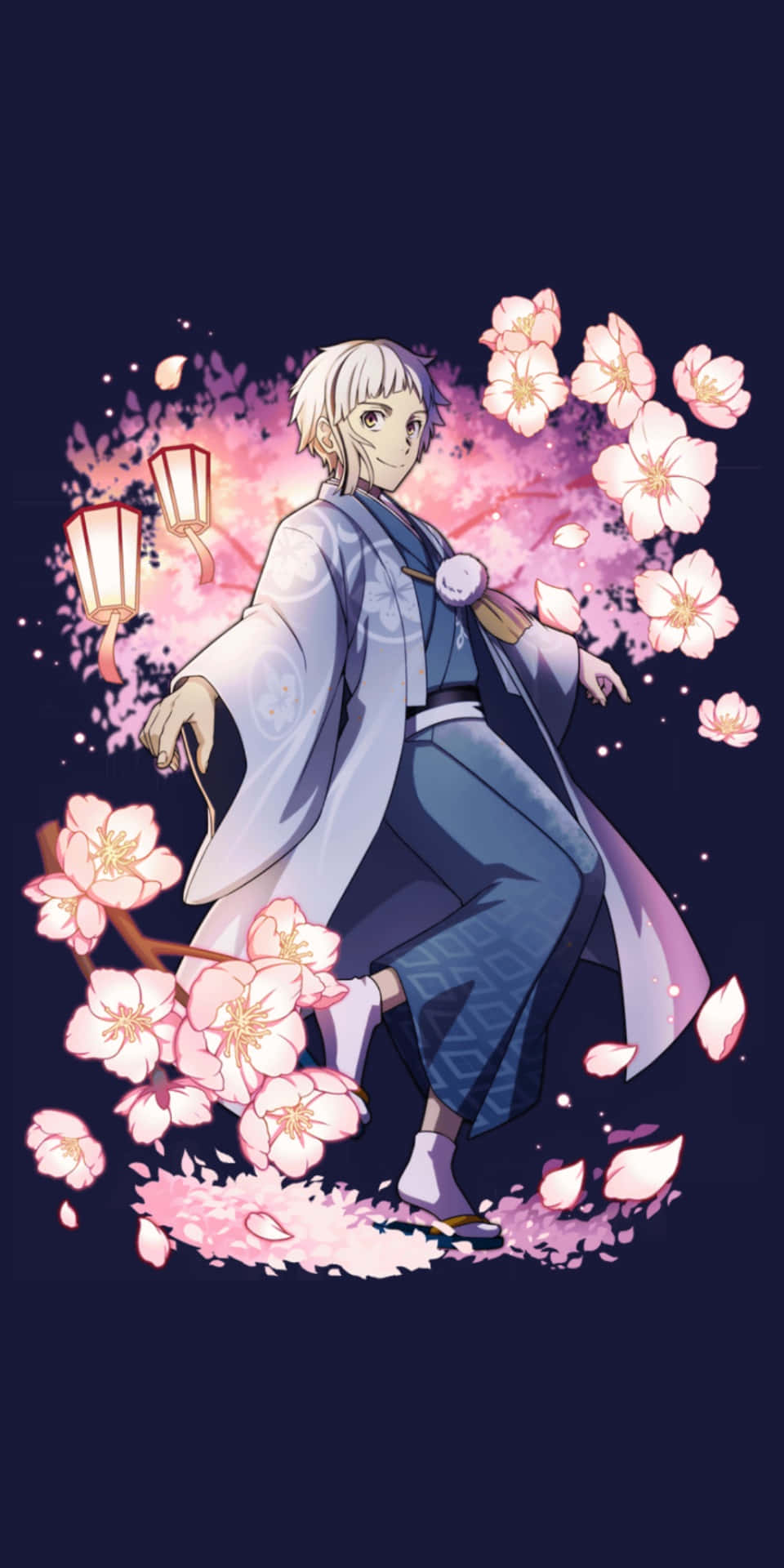 Atsushi Nakajima, traditional robes, floating cherry blossoms, Full HD Phone Wallpaper