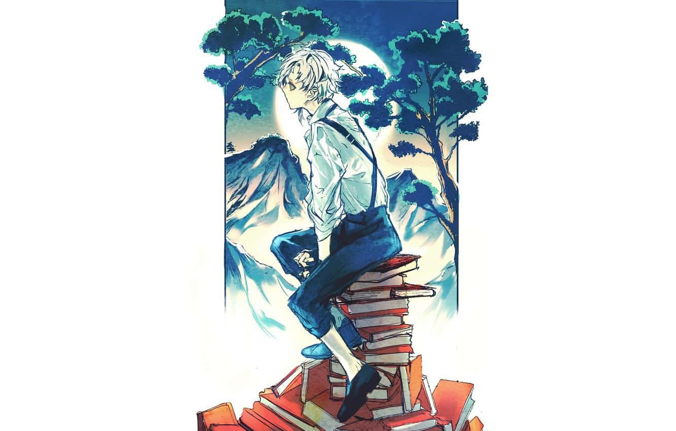 Atsushi Nakajima, white hair, towering stack of red books, HD Desktop Wallpaper