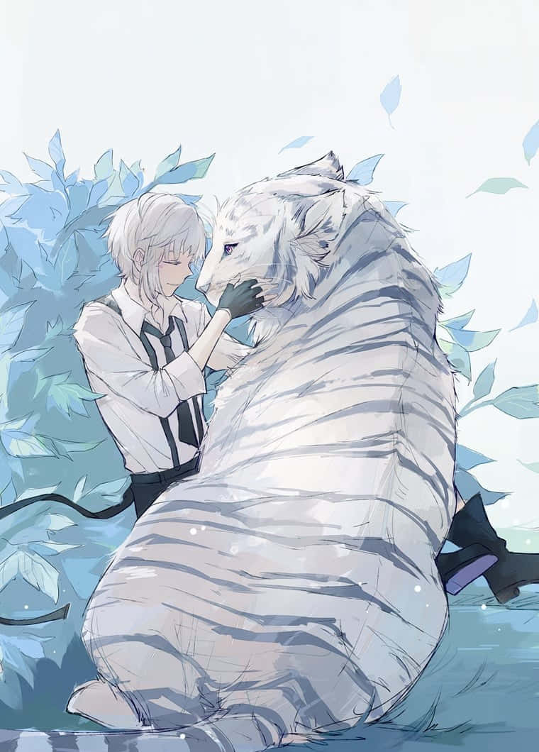 Atsushi Nakajima, white tiger, blue leaves, SD Phone Wallpaper