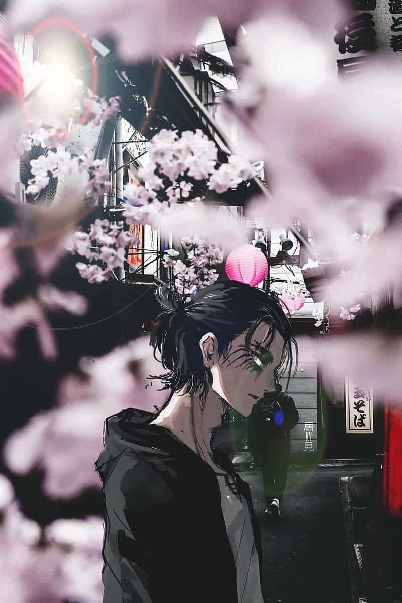 Attack On Titan Anime, sakura trees, neon-lit Japanese alleyway, SD Phone Wallpaper