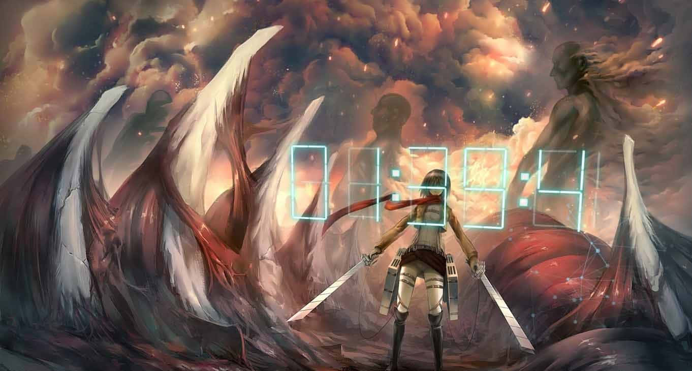 Attack On Titan Anime, colossal titans, fiery sunset sky, HD Desktop Wallpaper