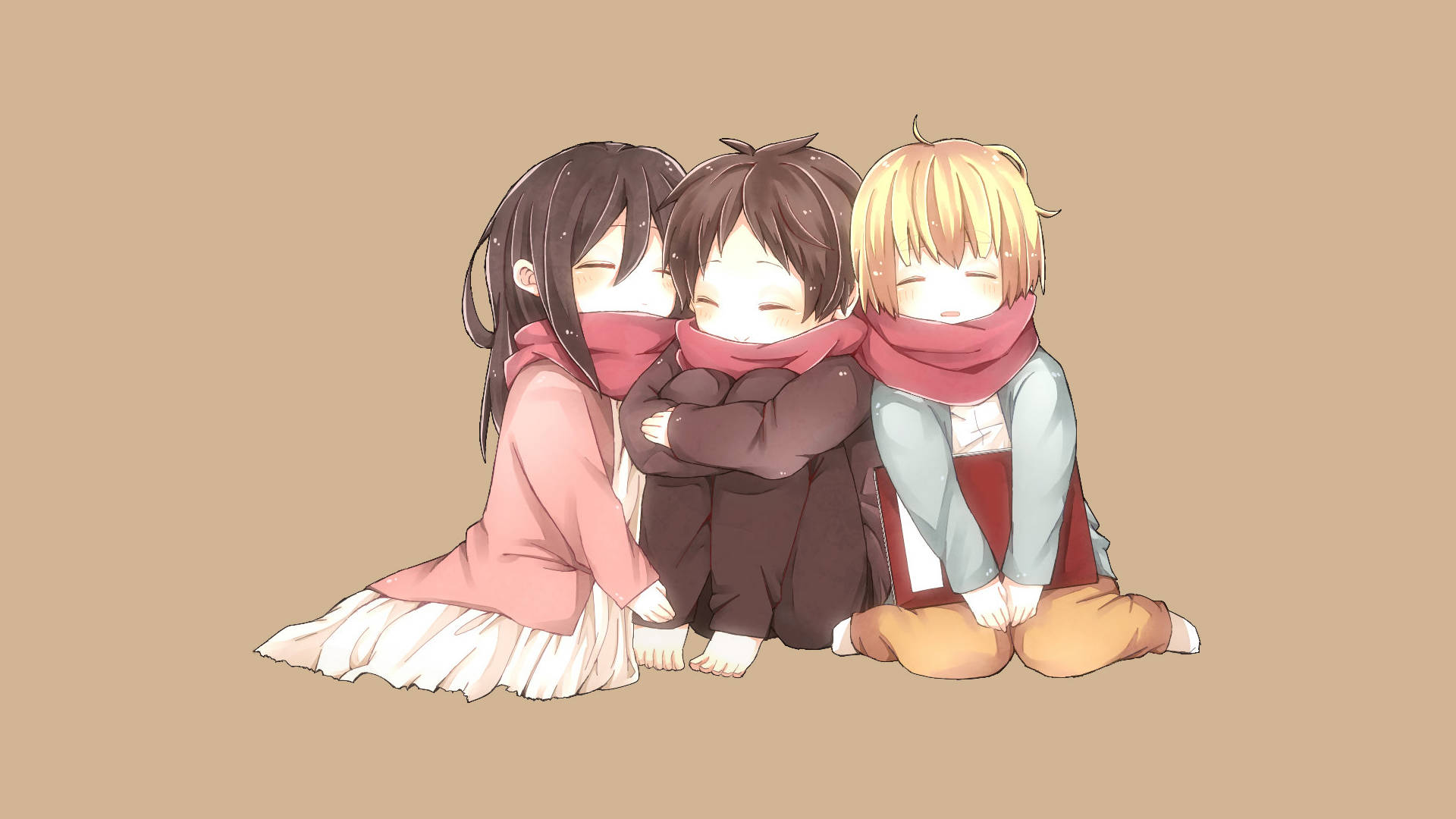 Attack On Titan PC, chibis, red scarves, Full HD Desktop Wallpaper