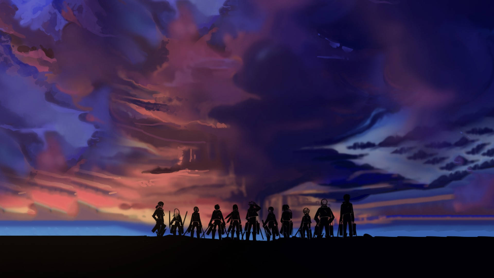 Attack On Titan PC, main cast silhouettes, twilight sky, Full HD Desktop Wallpaper