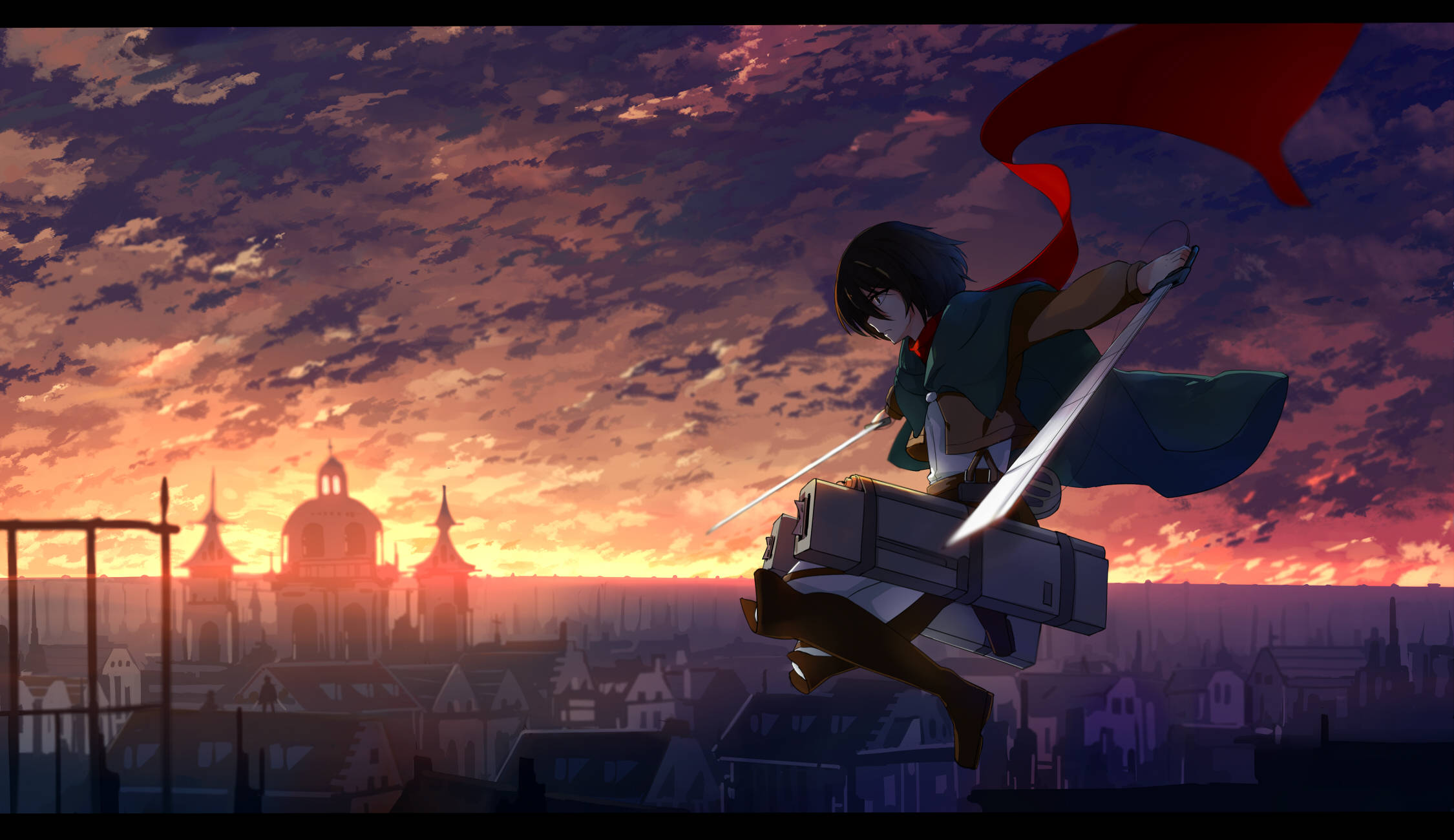 Attack On Titan PC, sunset, red cape, Full HD Desktop Wallpaper