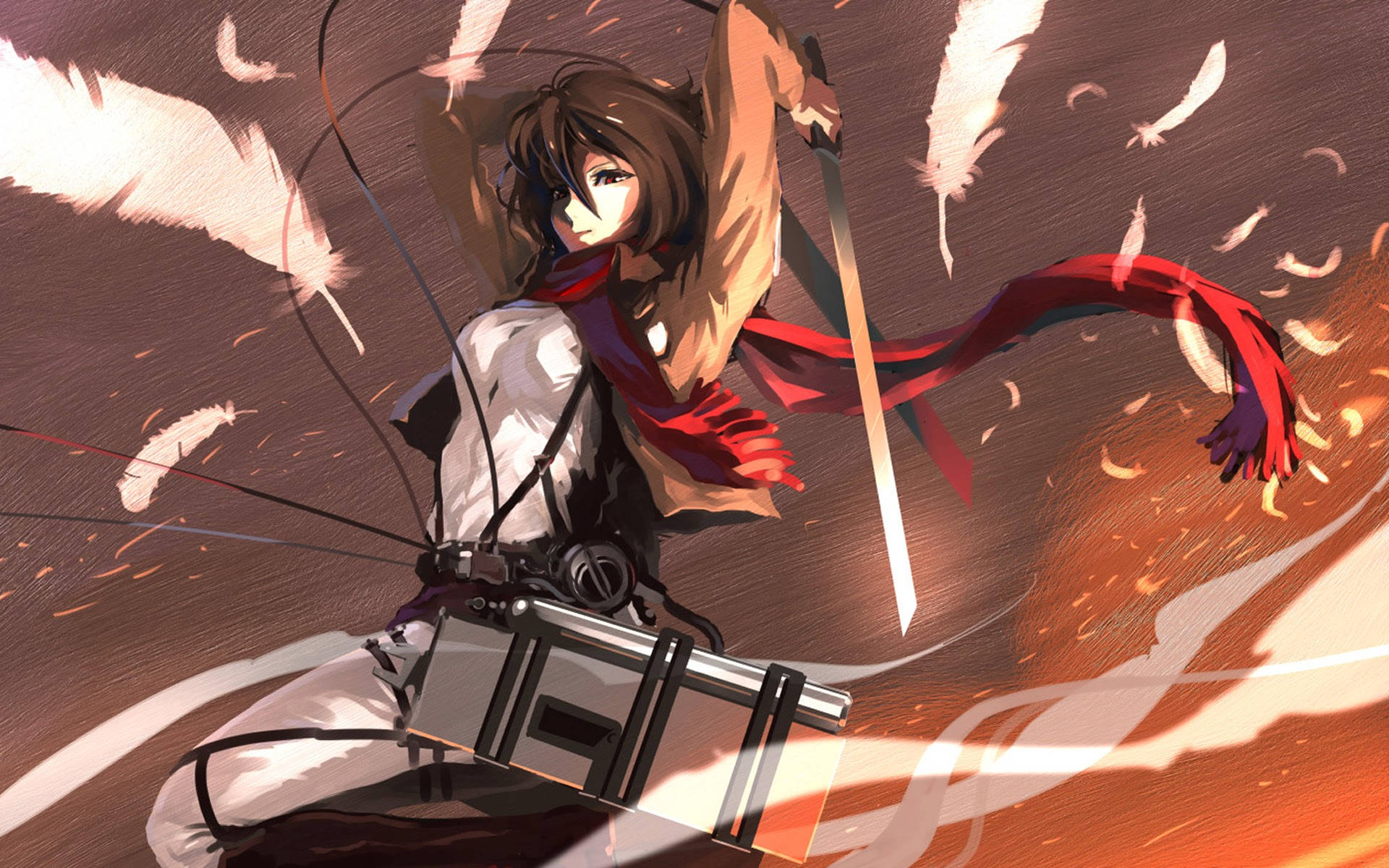 Attack On Titan PC, white feathers, red scarf, Full HD Desktop Wallpaper