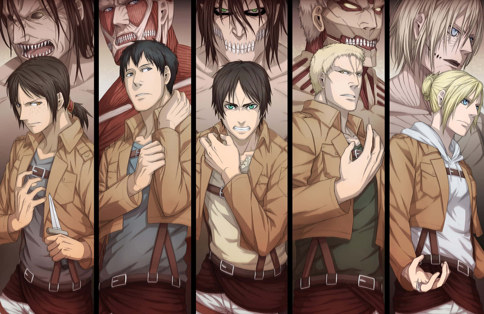 Attack On Titan Poster, five anime characters, brown uniforms, Full HD Desktop Wallpaper