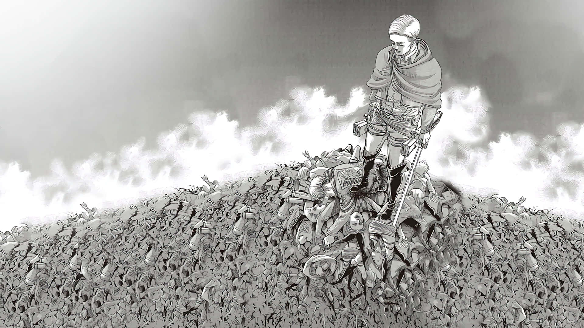 Attack On Titan, lone warrior, mountain of fallen enemies, Full HD Desktop Wallpaper