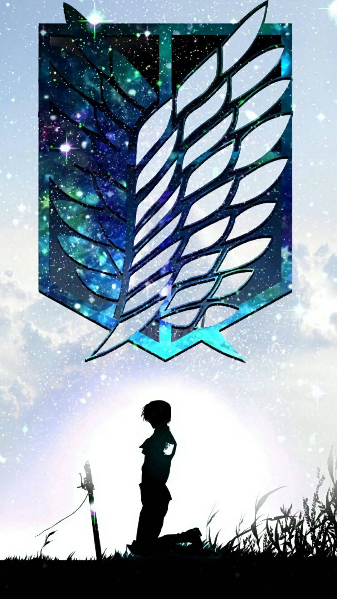 Blue Galaxy Attack On Titan Logo, massive glowing winged emblem, starry sky, Full HD Phone Wallpaper