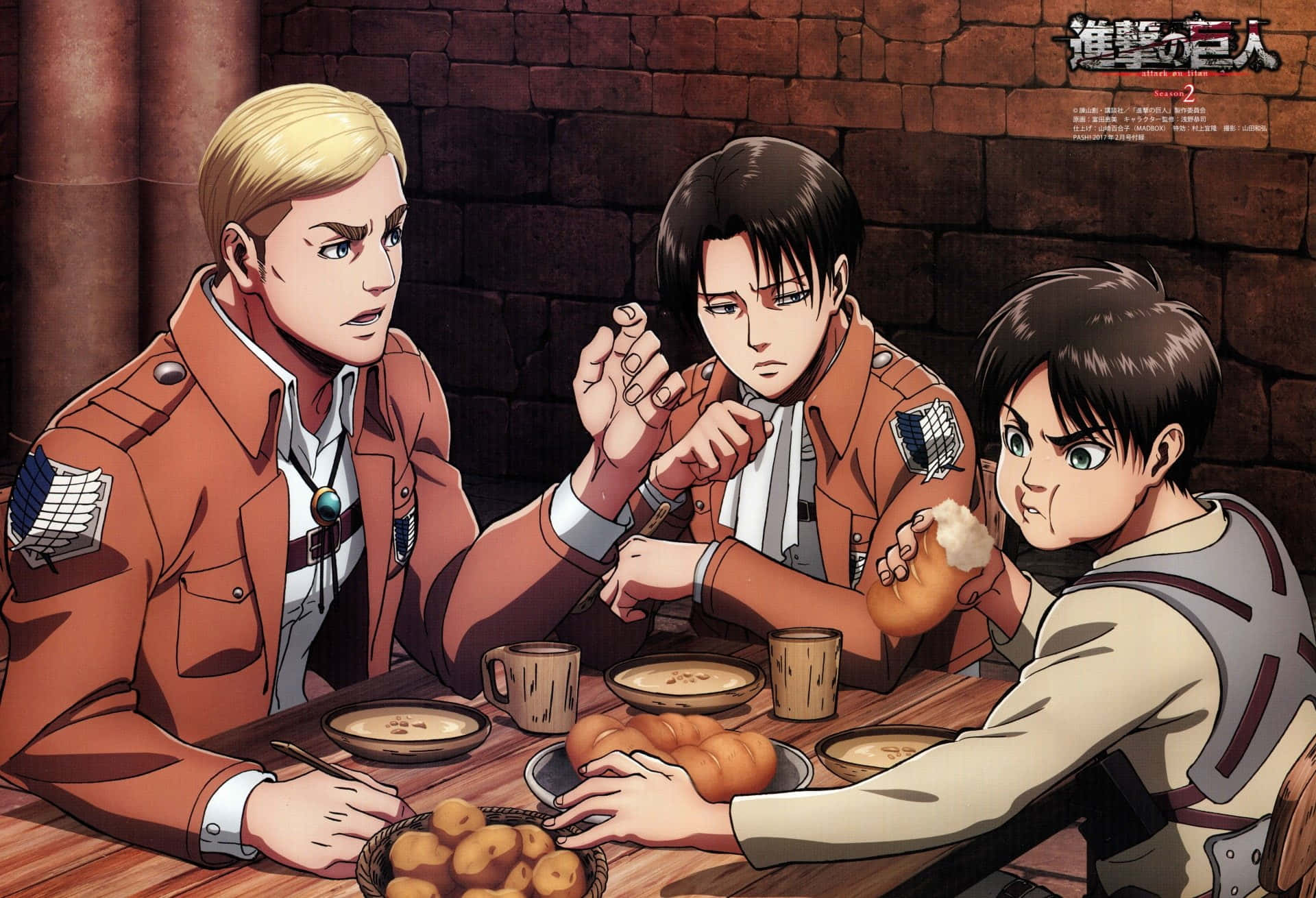 Attack On Titan Season 1, orange uniforms, wooden table, Full HD Desktop Wallpaper