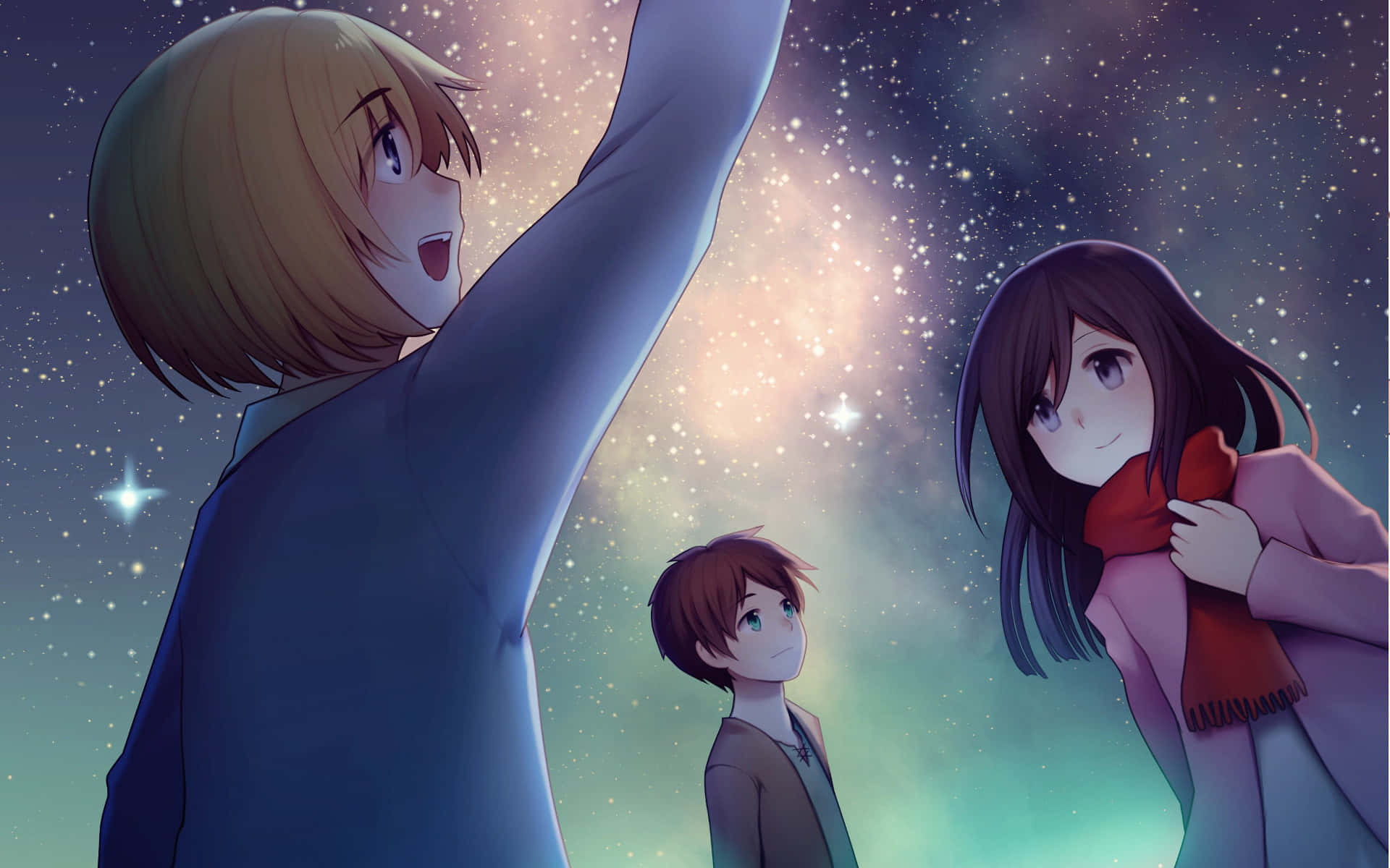 Attack On Titan Season 1, anime characters, starry sky, Full HD Desktop Wallpaper
