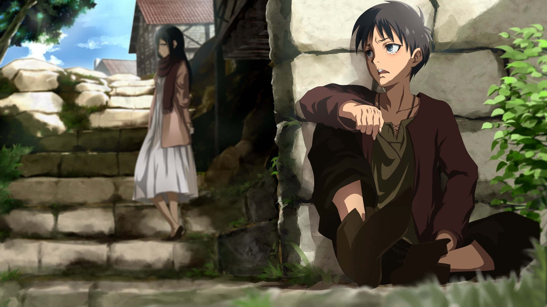 Attack On Titan Season 1, young man, stone wall, Full HD Desktop Wallpaper