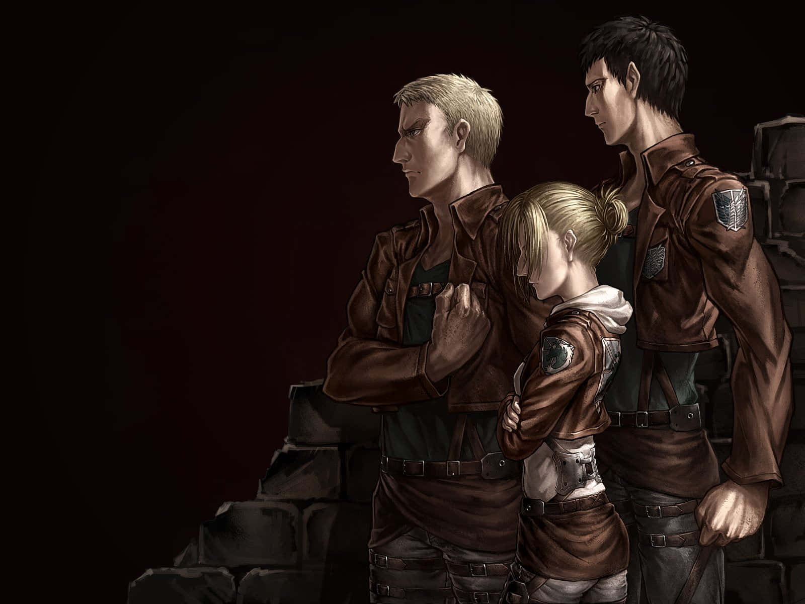 Attack On Titan Season 2, brown uniforms, dark brick wall, HD Desktop Wallpaper