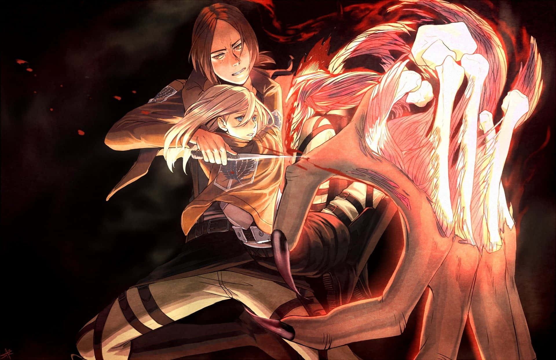 Attack On Titan Season 2, orange uniforms, glowing red titan, Full HD Desktop Wallpaper