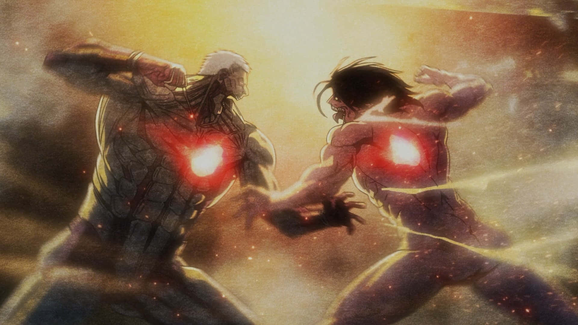 Attack On Titan Season 2, giant humanoid titans, fiery golden light, Full HD Desktop Wallpaper