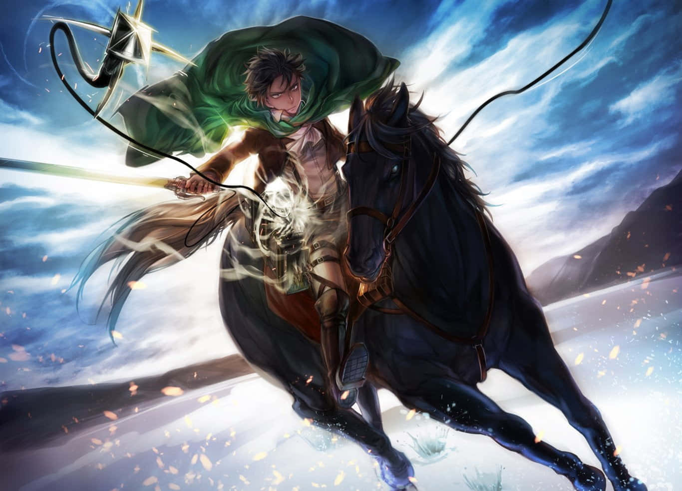 Attack On Titan Season 2, black horse, glowing sword, HD Desktop Wallpaper