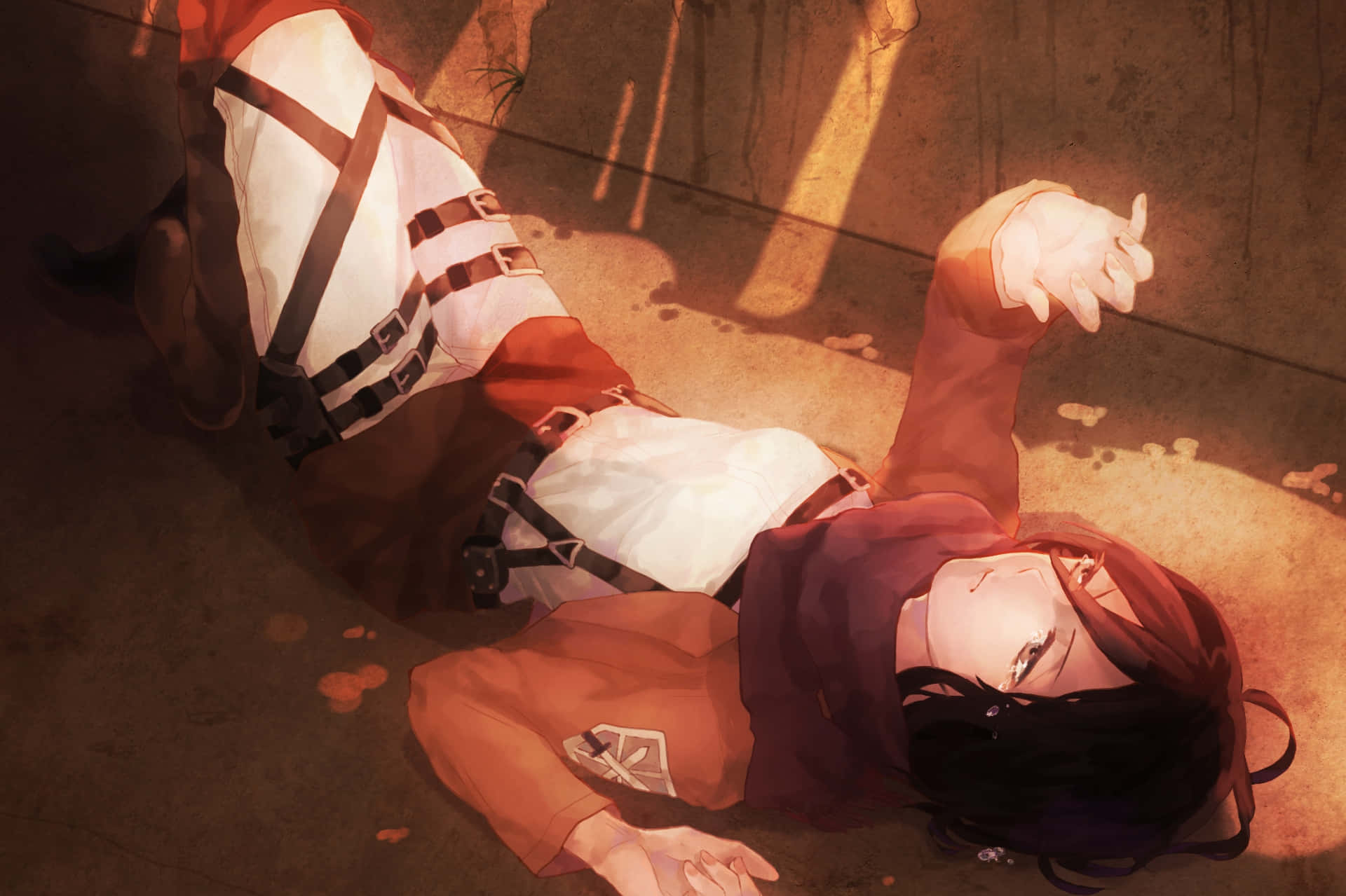 Attack On Titan Season 3, red and white uniform, sunlit concrete floor, Full HD Desktop Wallpaper