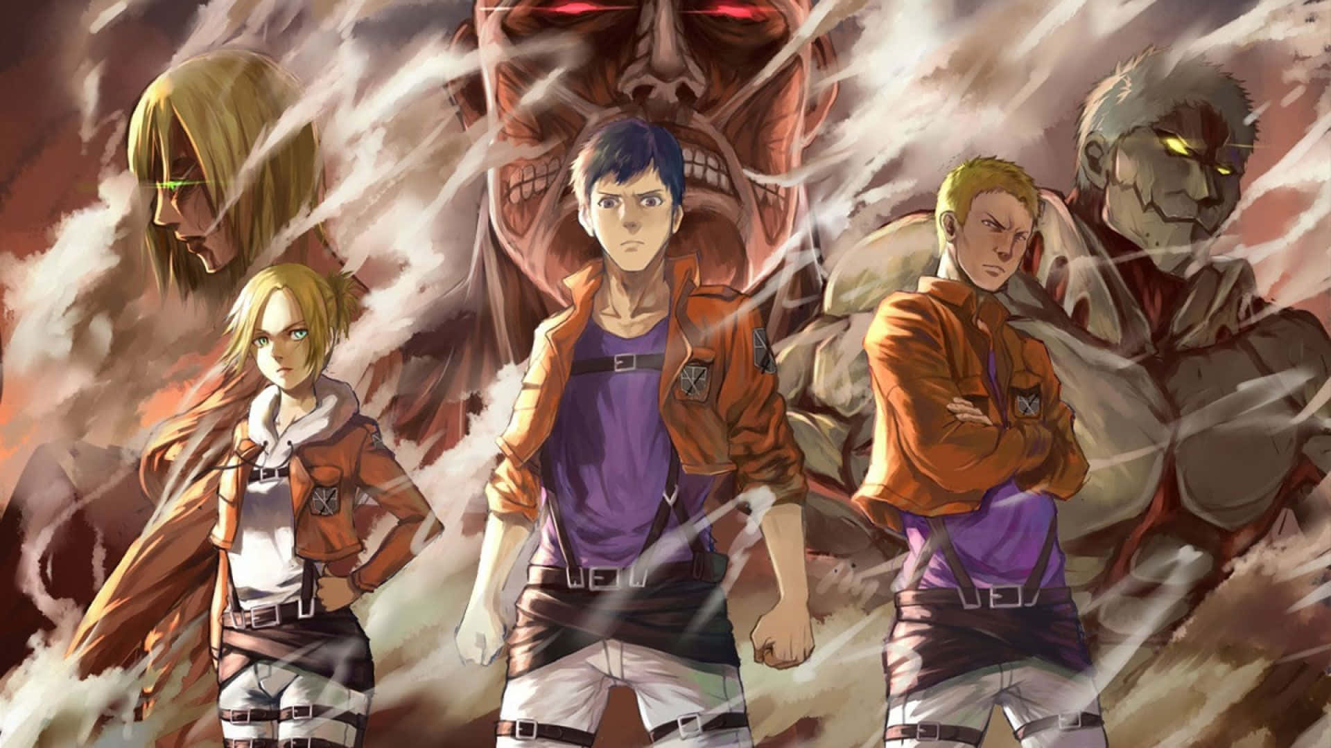 Attack On Titan Season 3, orange jackets, giant titans, Full HD Desktop Wallpaper