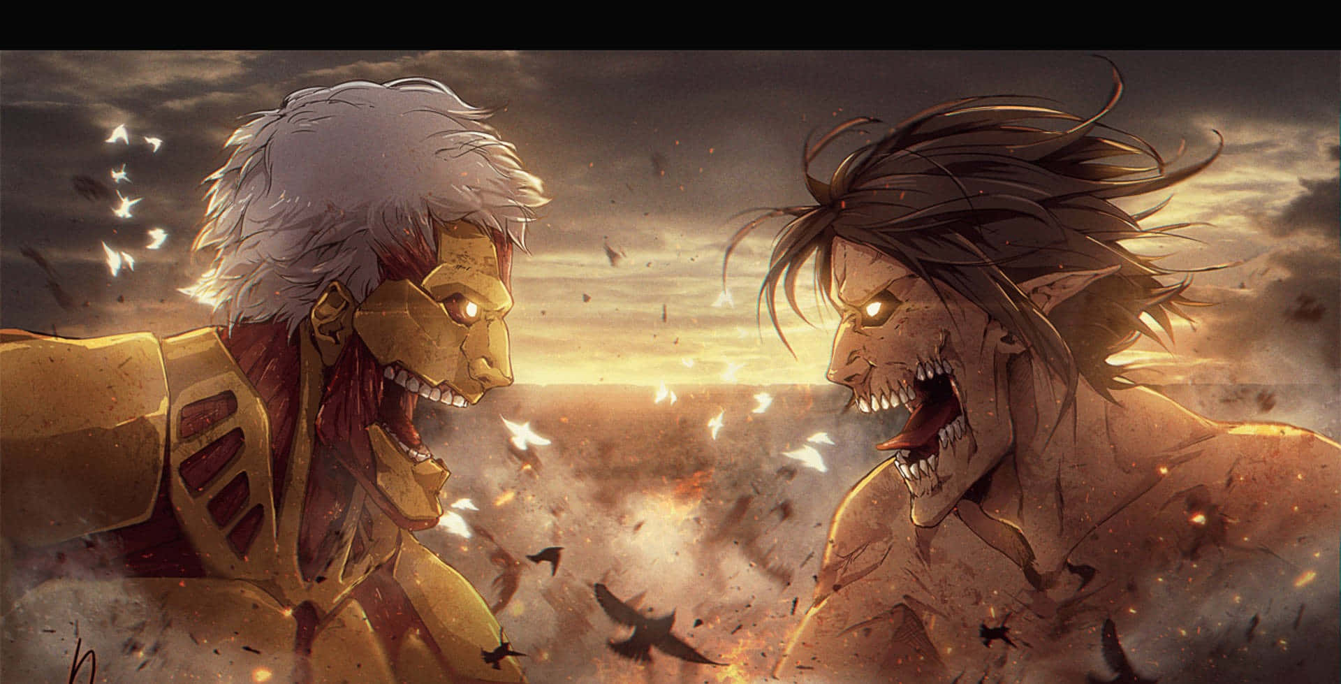 Attack On Titan Season 3, colossal titans, fiery sunset sky, Full HD Desktop Wallpaper