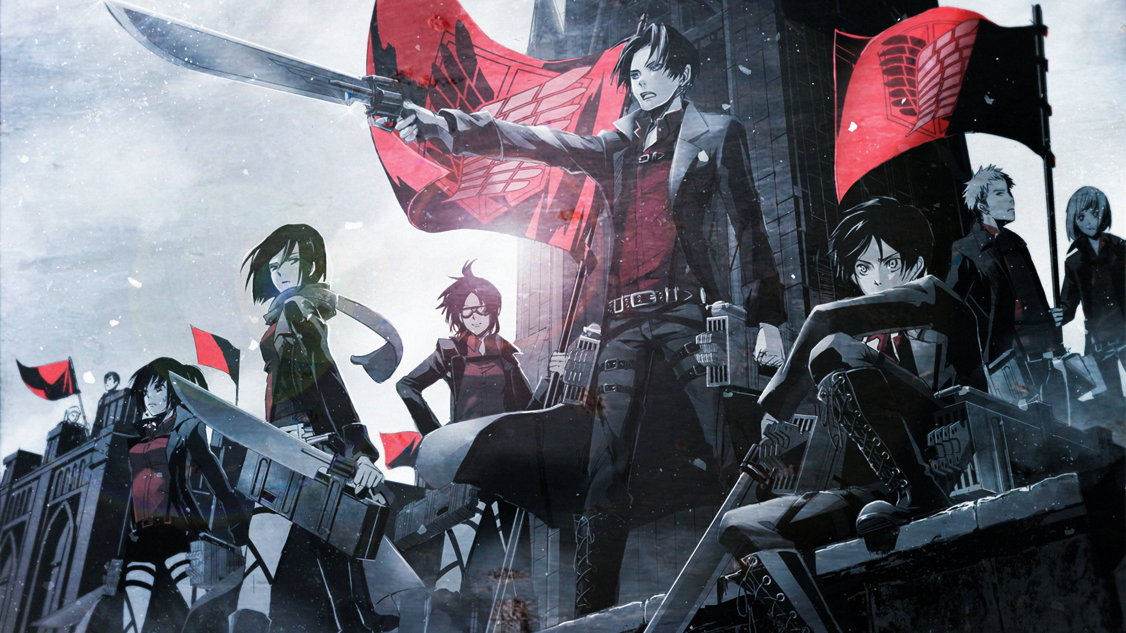Attack On Titan Season 4, red flags, dark coats, 4K Desktop Wallpaper