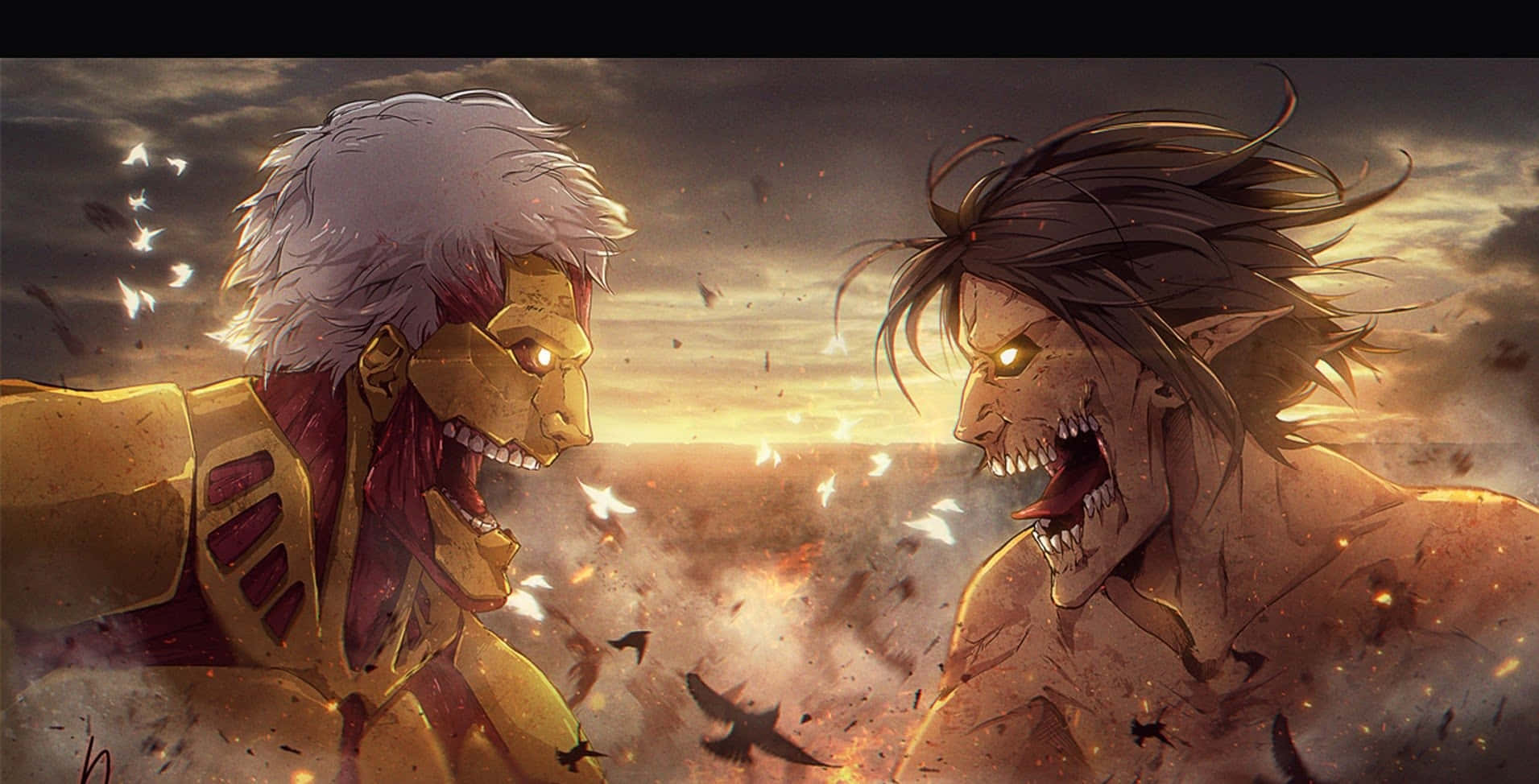 Attack On Titan The Final Season, giant humanoid titans, fiery sunset sky, HD Desktop Wallpaper