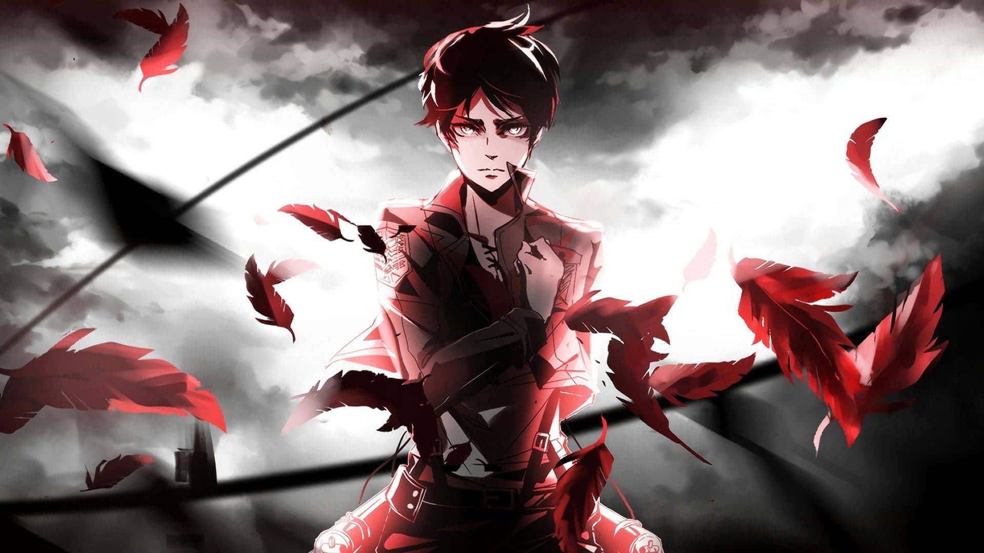 Attack On Titan The Final Season, red feathers, stormy gray sky, Full HD Desktop Wallpaper