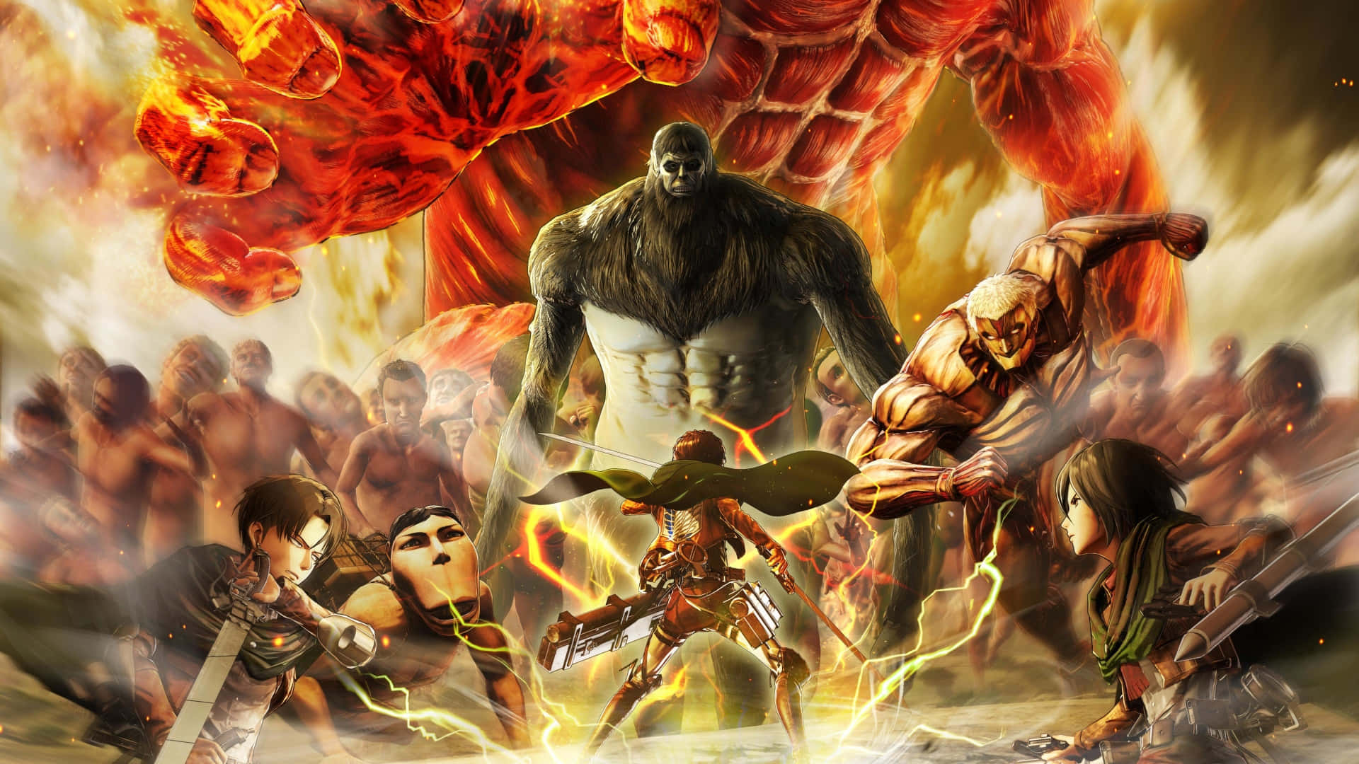 Attack On Titan The Final Season, colossal fiery titans, chaotic battlefield, Full HD Desktop Wallpaper