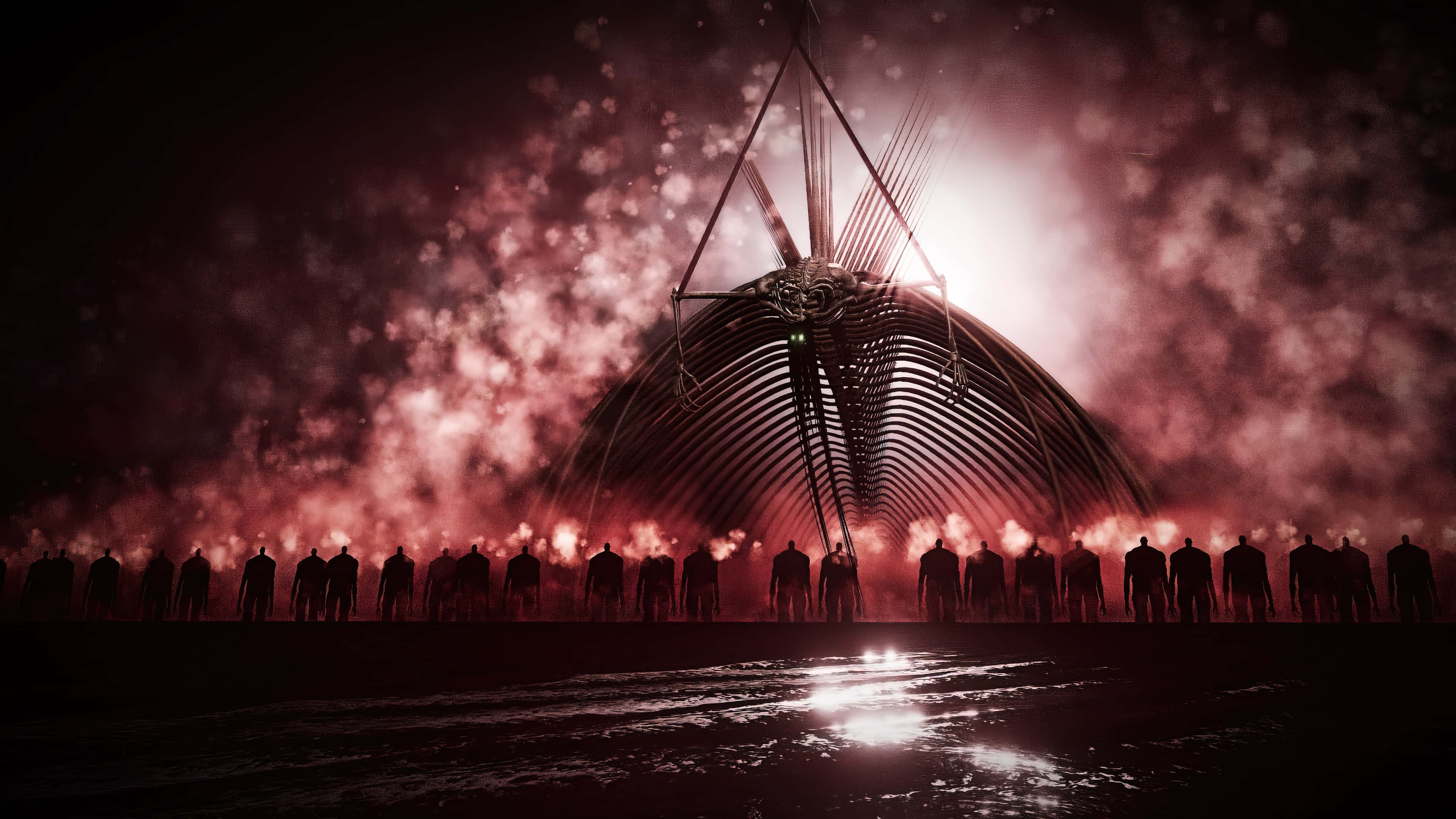 Attack On Titan The Final Season, silhouetted figures, massive skeletal structure, 4K Desktop Wallpaper